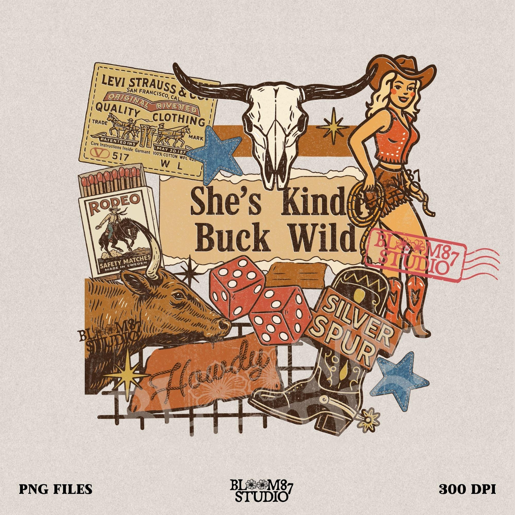 Retro Western howdy collage PNG with cowgirl, skull, dice, boots, bull, and text “She’s Kinda Buck Wild” – vintage rodeo sublimation design.