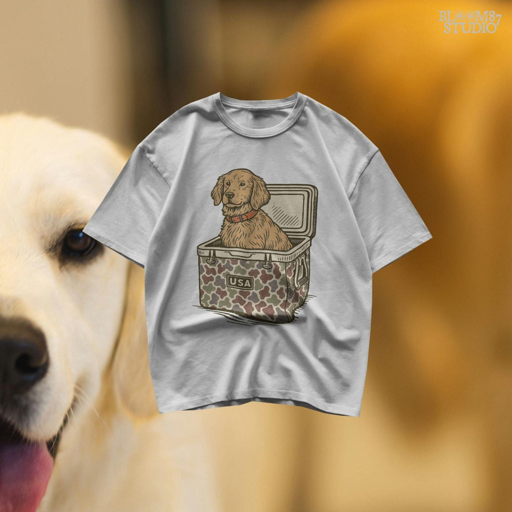 Cute golden retriever dog sitting inside a camouflage cooler with “USA” label, in a rustic patriotic cartoon style
