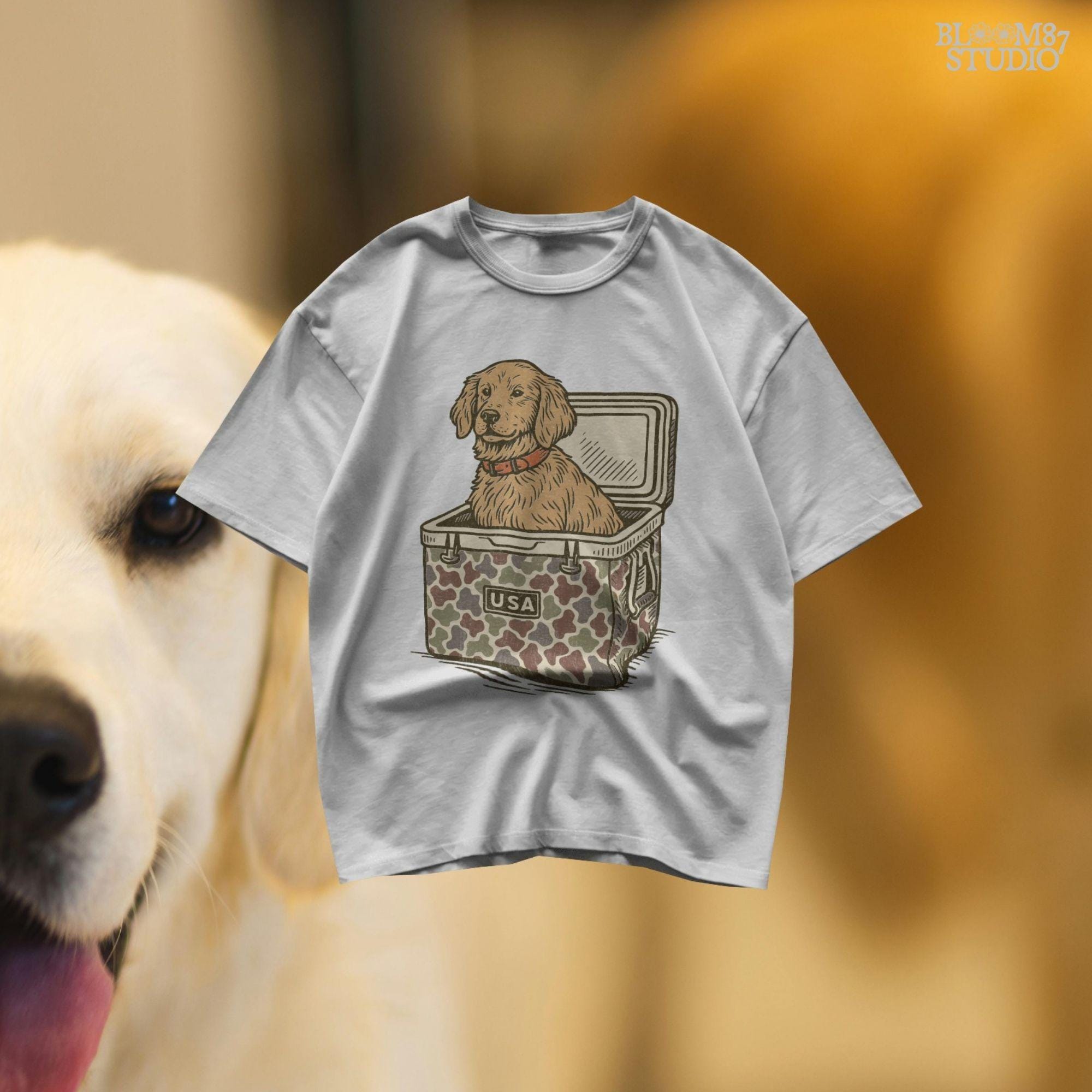 Cute golden retriever dog sitting inside a camouflage cooler with “USA” label, in a rustic patriotic cartoon style