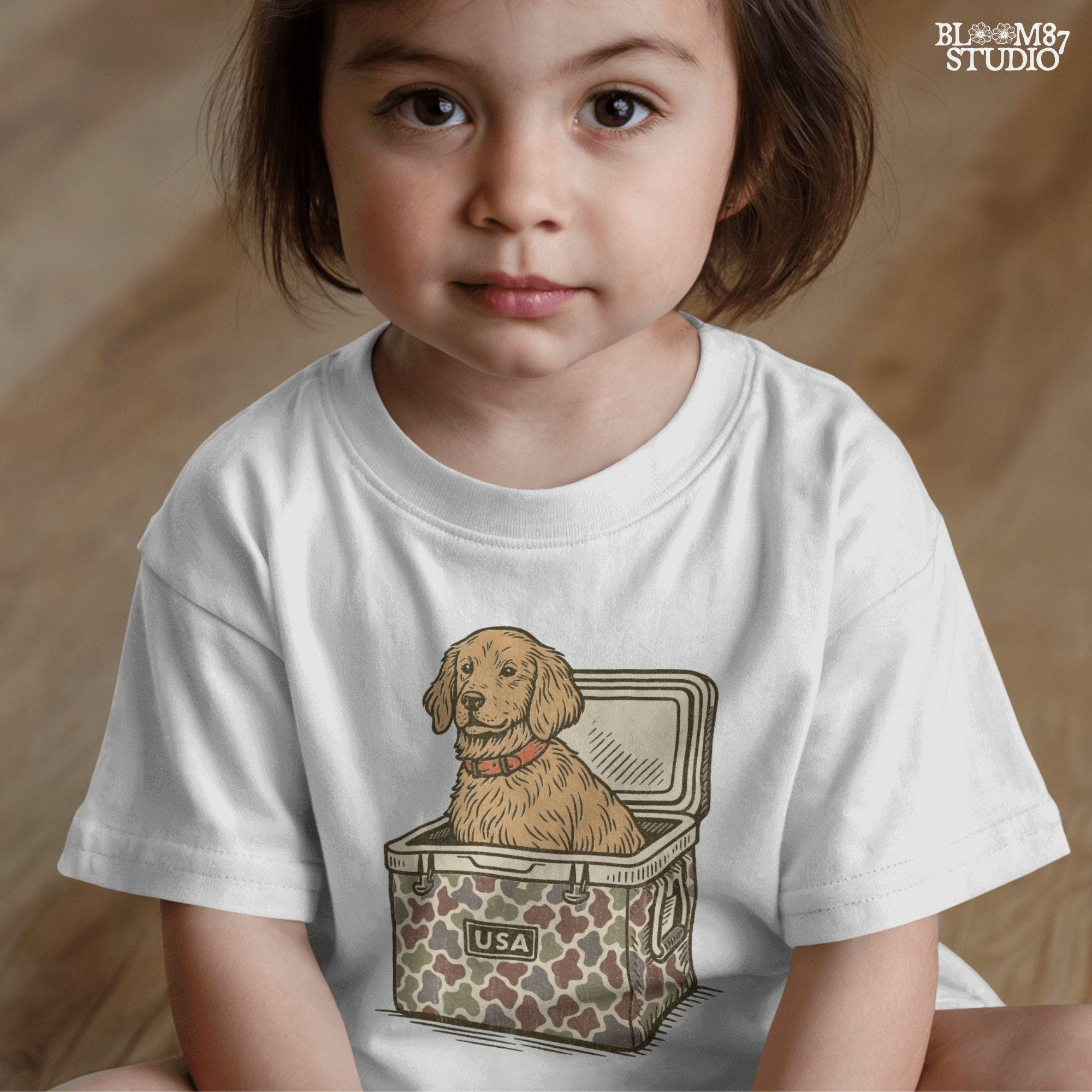 Cute golden retriever dog sitting inside a camouflage cooler with “USA” label, in a rustic patriotic cartoon style