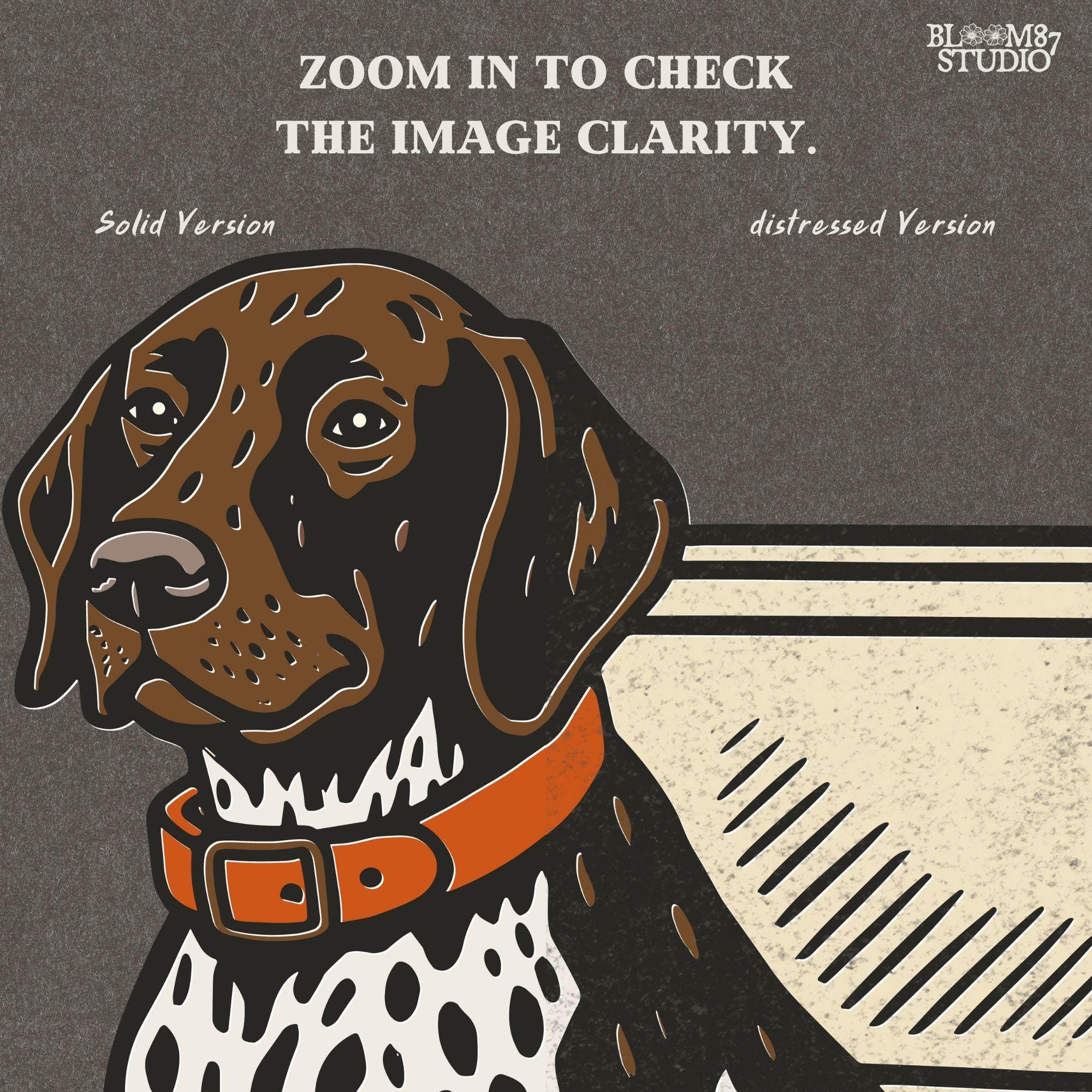 German Shorthaired Pointer dog sitting inside camouflage cooler labeled “USA,” in rustic cartoon patriotic style