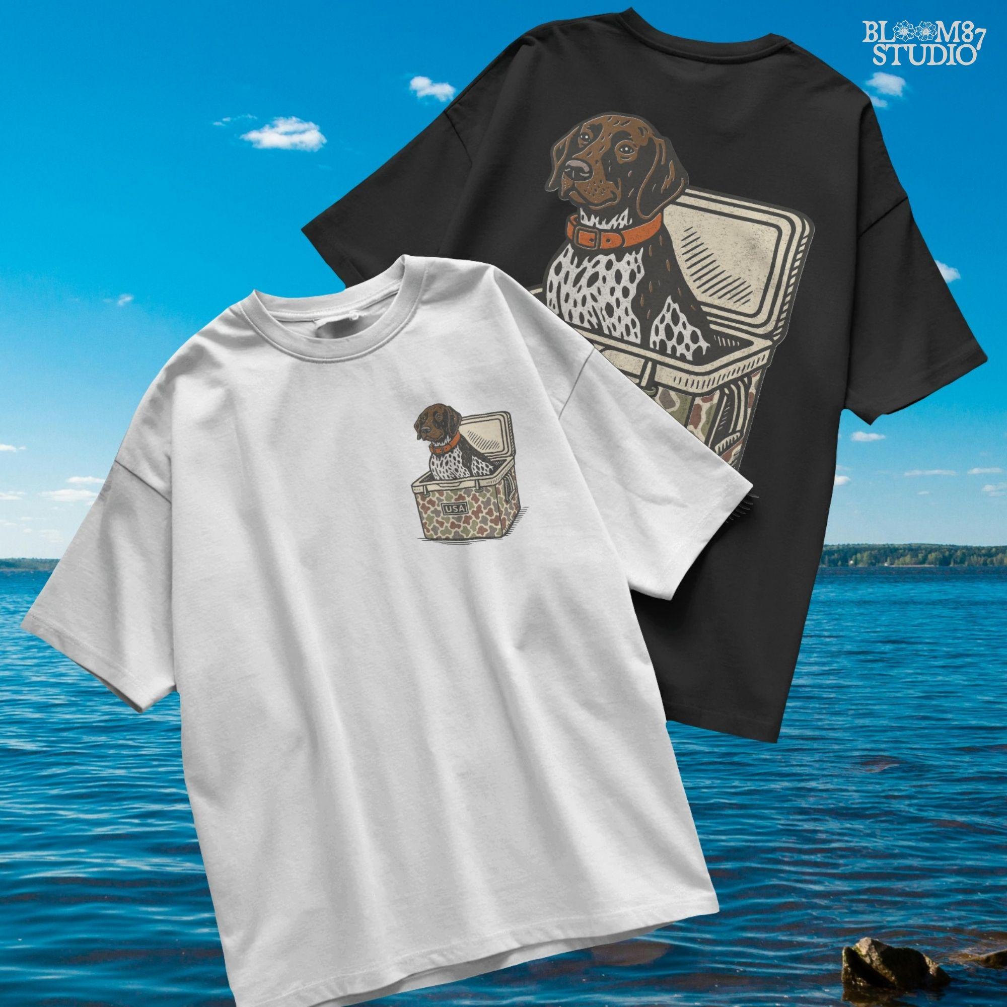 German Shorthaired Pointer dog sitting inside camouflage cooler labeled “USA,” in rustic cartoon patriotic style