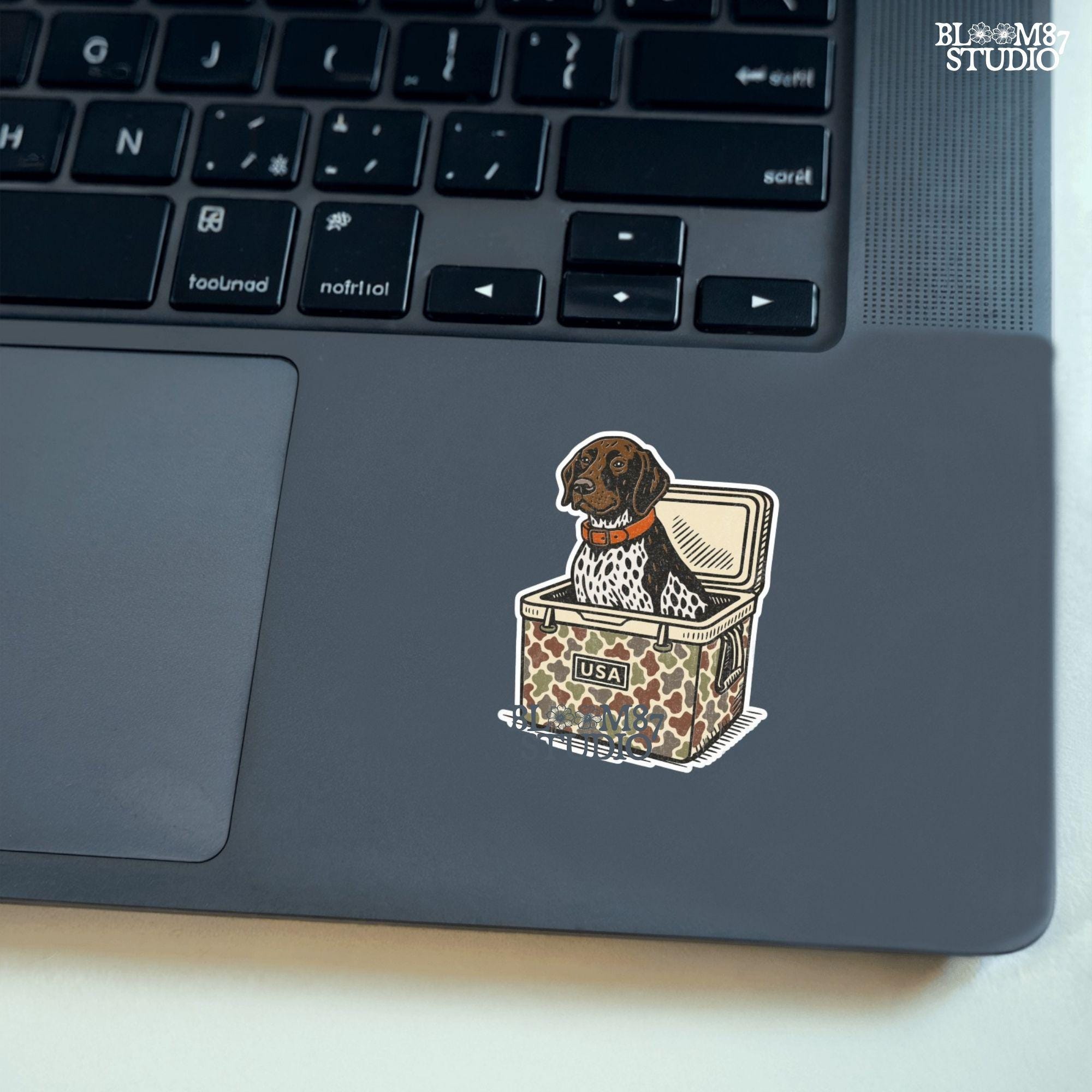German Shorthaired Pointer dog sitting inside camouflage cooler labeled “USA,” in rustic cartoon patriotic style