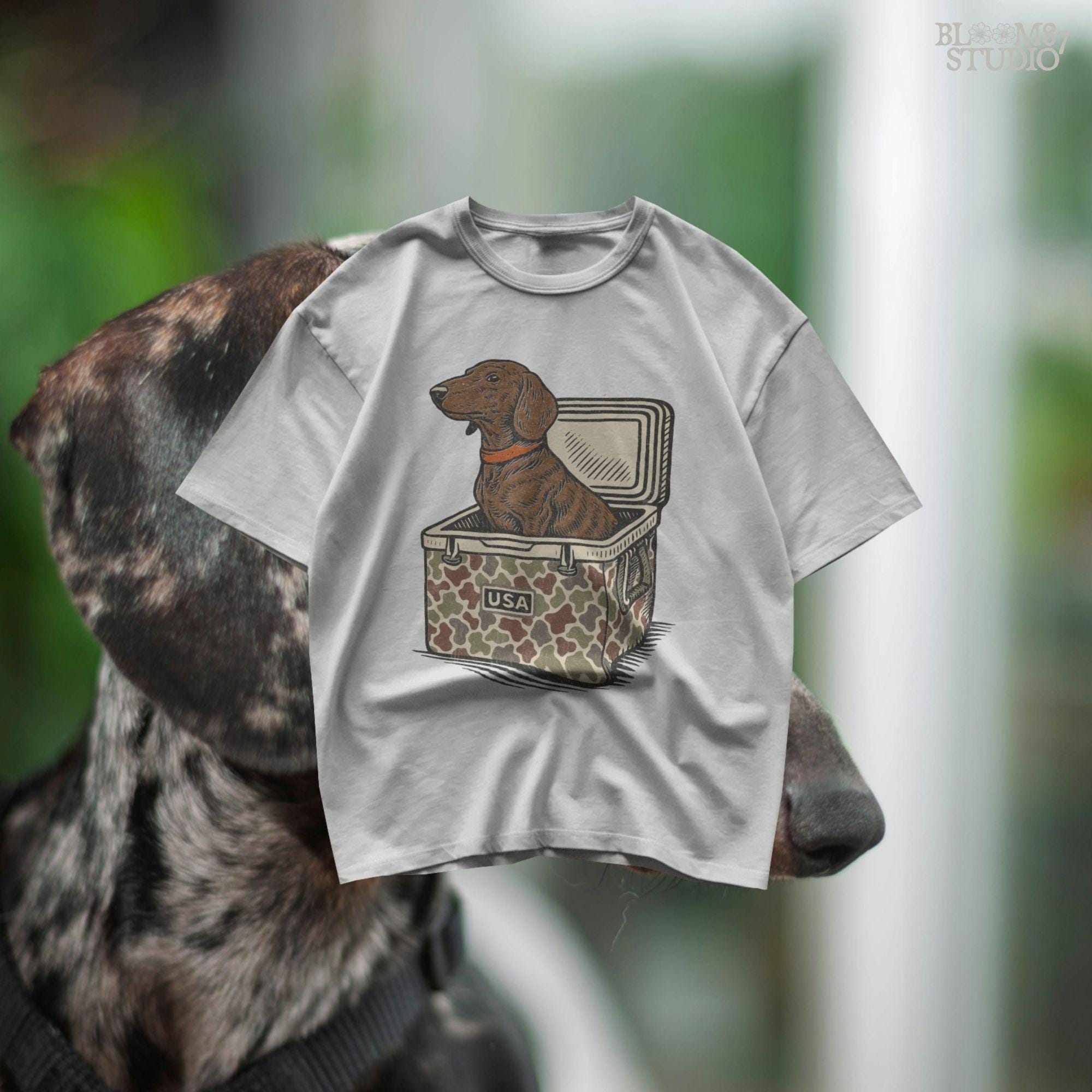 Brown dachshund dog sitting in camouflage cooler labeled “USA” with a red collar, drawn in patriotic cartoon style