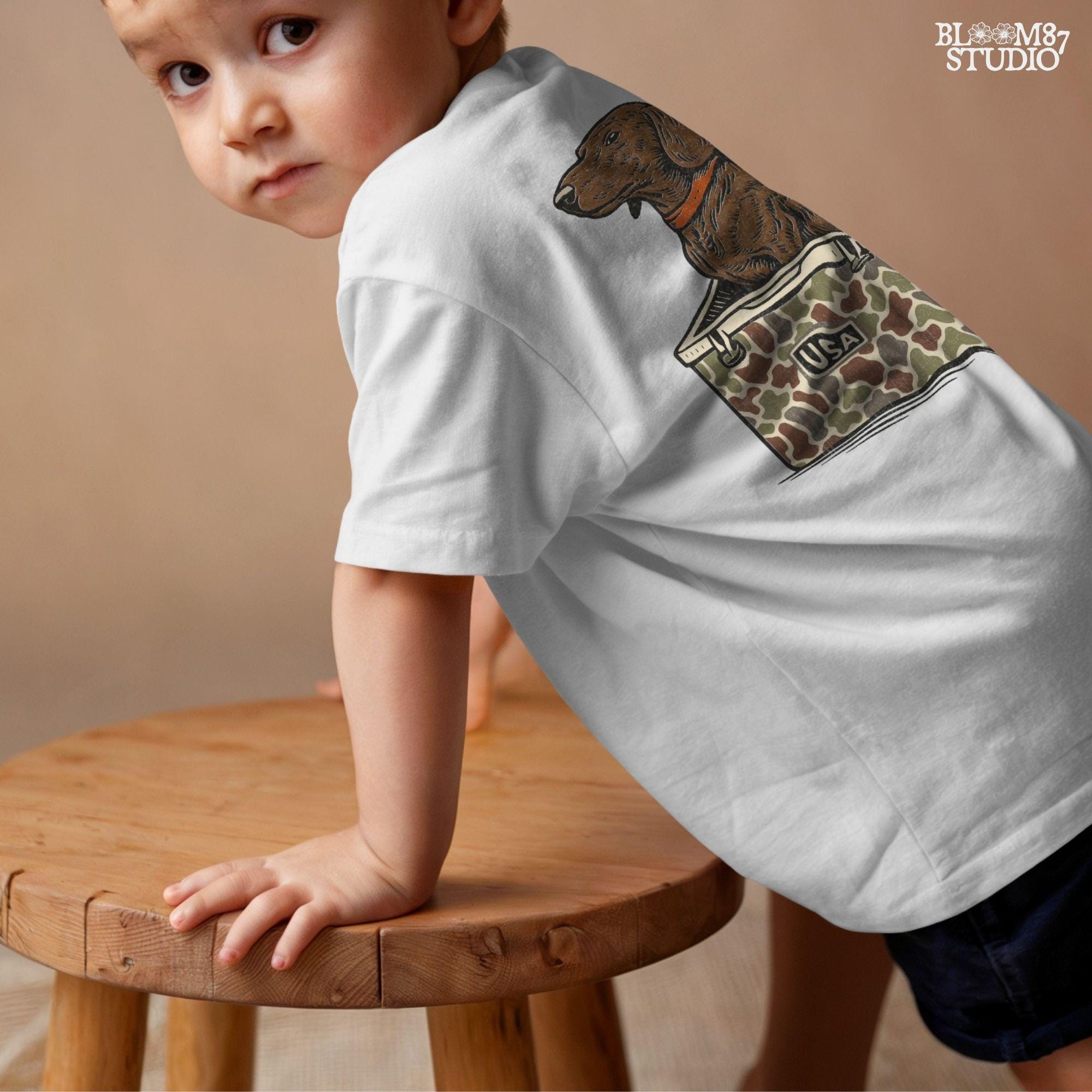 Brown dachshund dog sitting in camouflage cooler labeled “USA” with a red collar, drawn in patriotic cartoon style