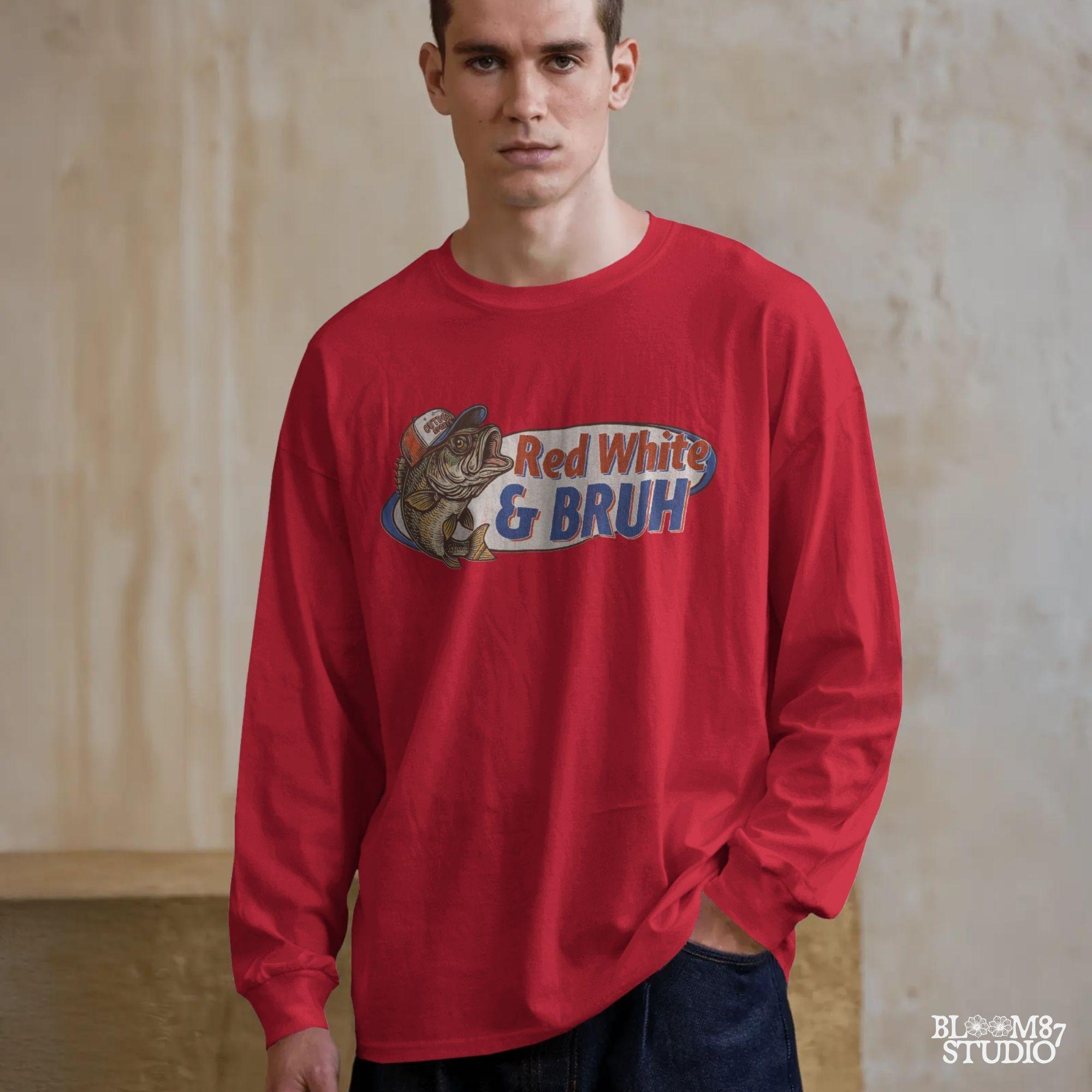 Funny 4th of July bass fishing design with text “Red White & BRUH” – patriotic PNG for USA shirts, dad gifts, or sublimation crafts.