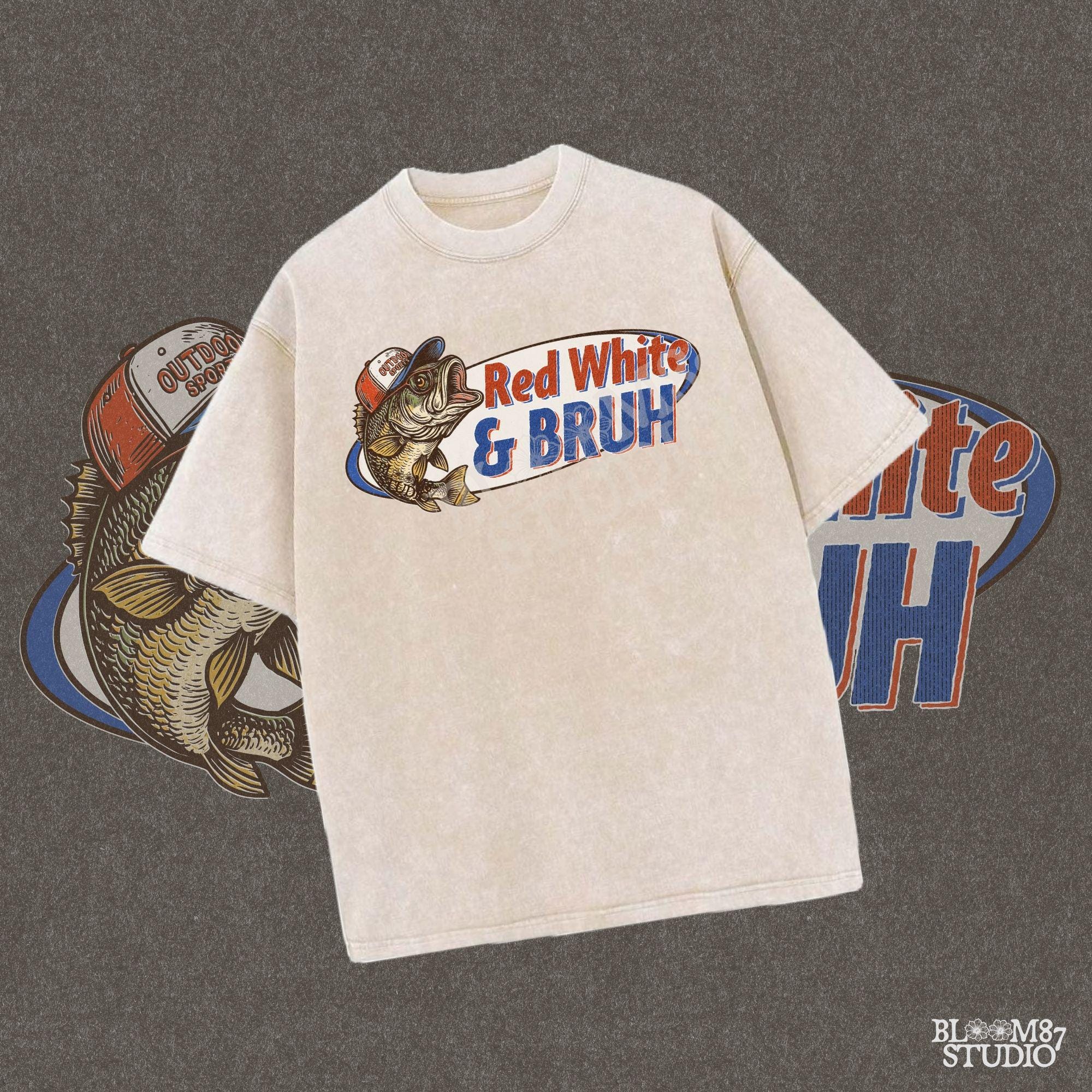 Funny 4th of July bass fishing design with text “Red White & BRUH” – patriotic PNG for USA shirts, dad gifts, or sublimation crafts.