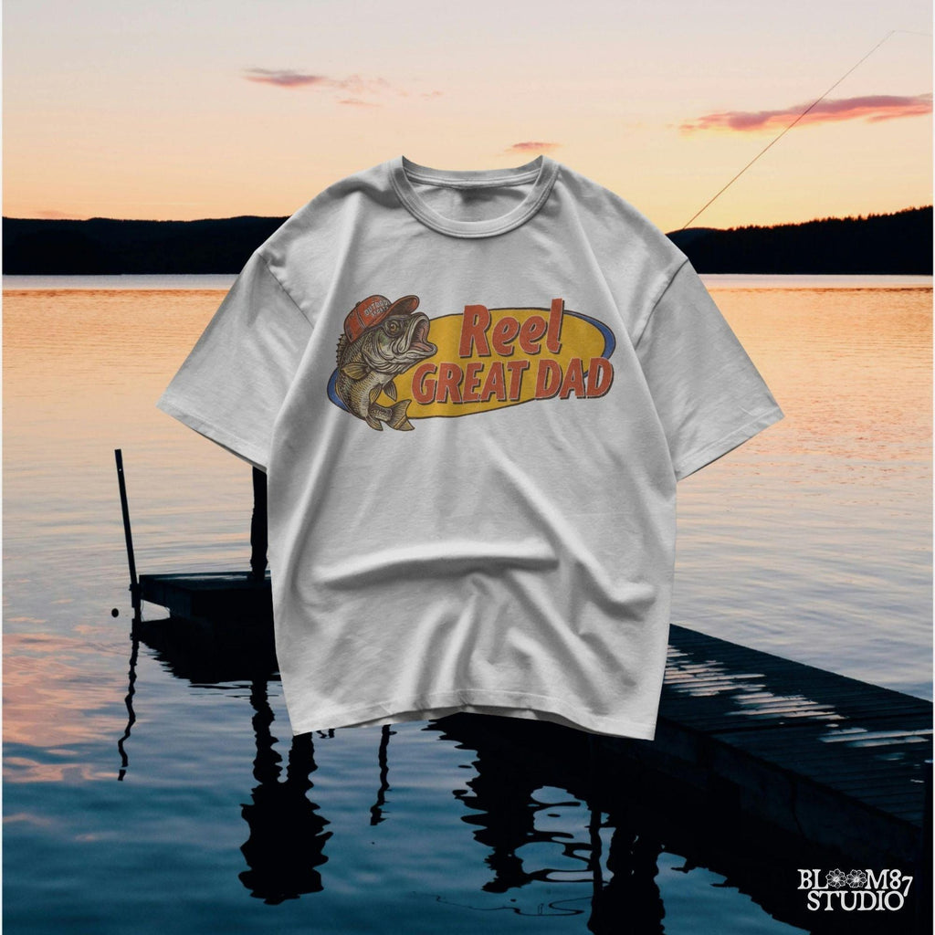 Funny fishing design with bass fish and “Reel Great Dad” text – vintage-style PNG for Father’s Day sublimation gift.