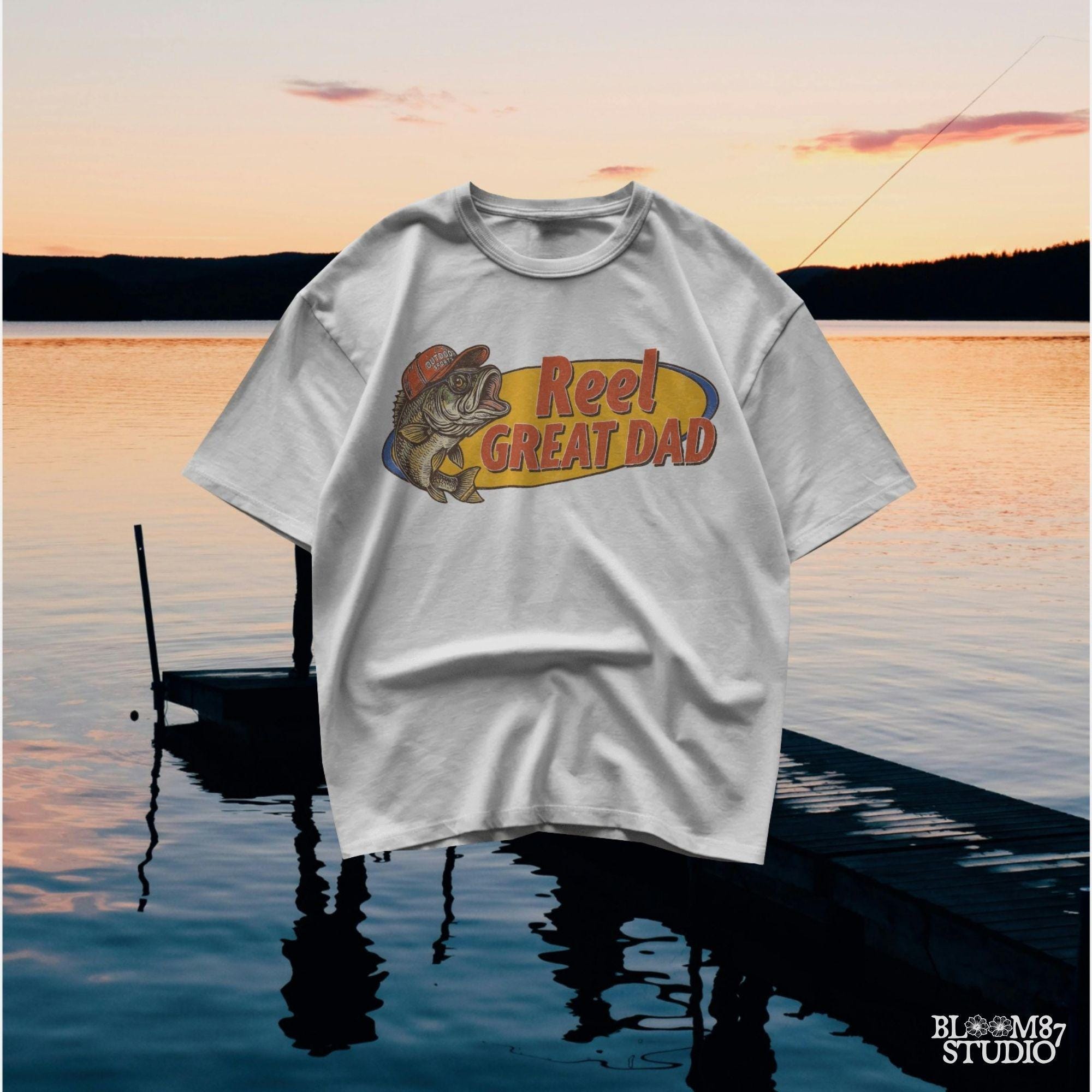 Funny fishing design with bass fish and “Reel Great Dad” text – vintage-style PNG for Father’s Day sublimation gift.