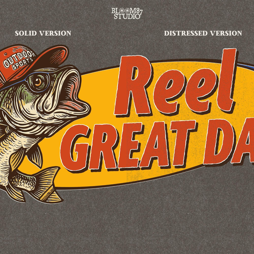 Funny fishing design with bass fish and “Reel Great Dad” text – vintage-style PNG for Father’s Day sublimation gift.