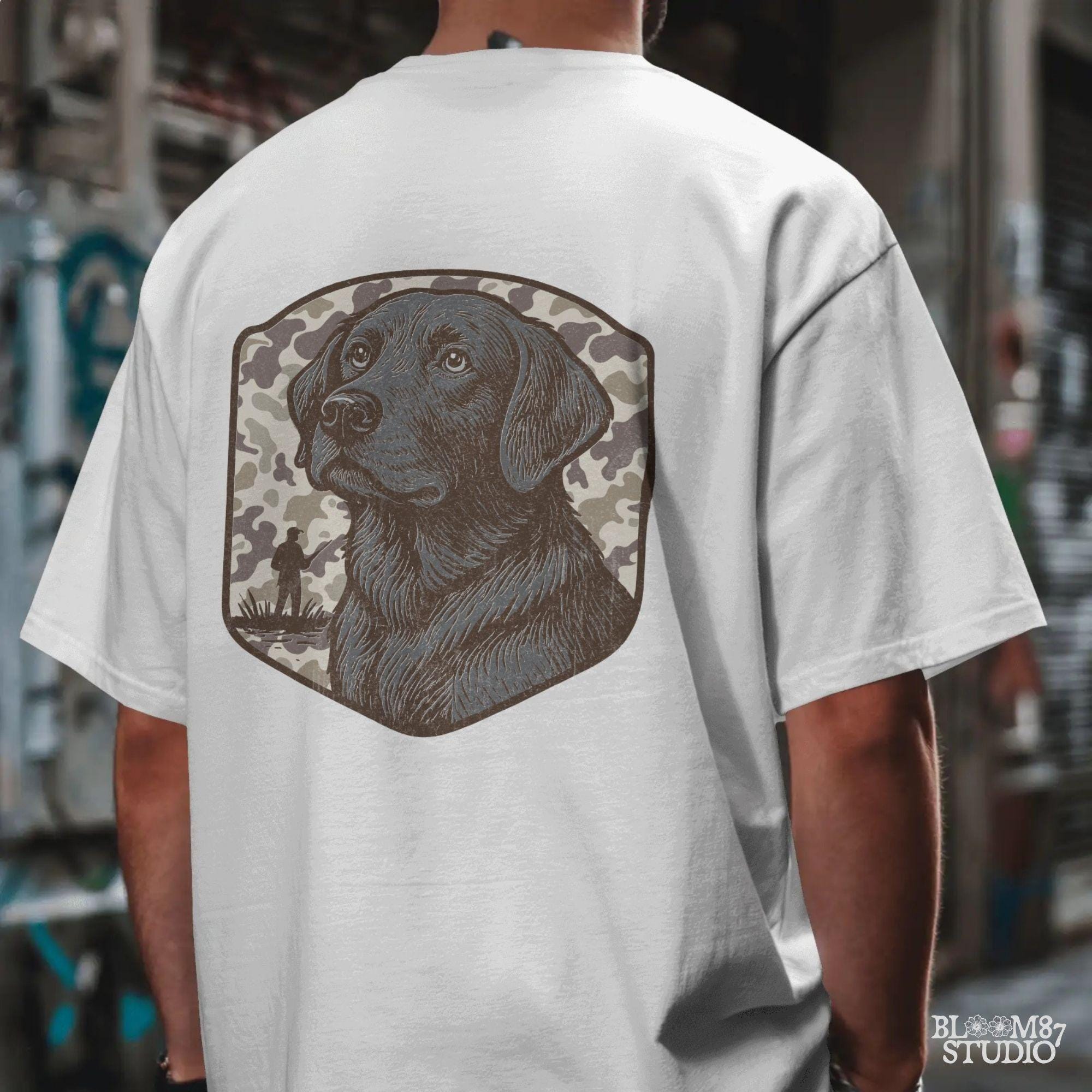 Hand-drawn black Labrador retriever with camo background and duck hunter silhouette – vintage-style sublimation design for outdoor lovers.