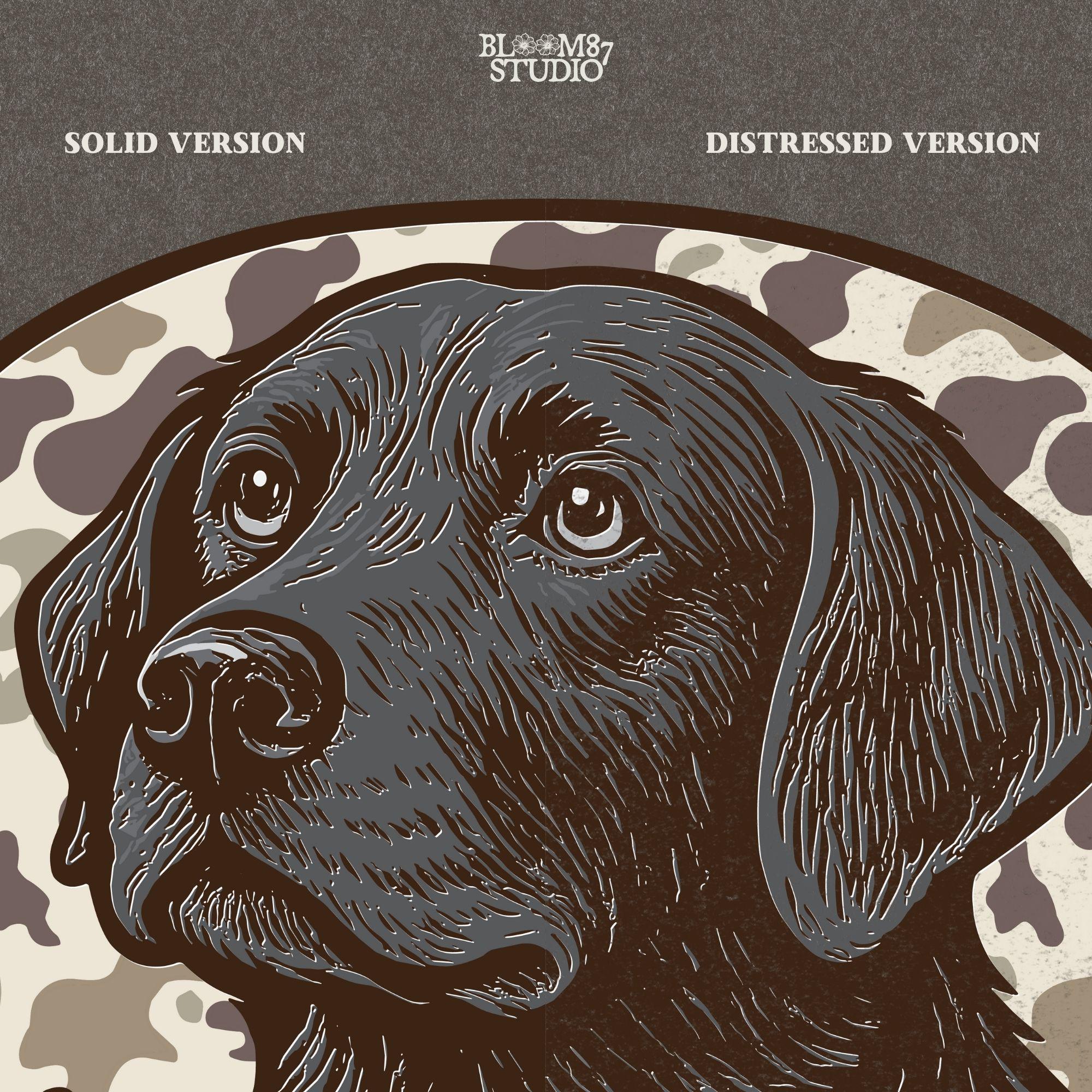 Hand-drawn black Labrador retriever with camo background and duck hunter silhouette – vintage-style sublimation design for outdoor lovers.