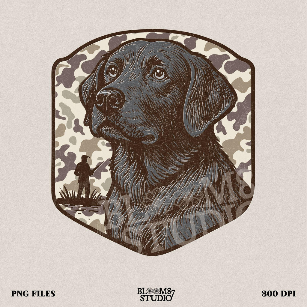 Hand-drawn black Labrador retriever with camo background and duck hunter silhouette – vintage-style sublimation design for outdoor lovers.
