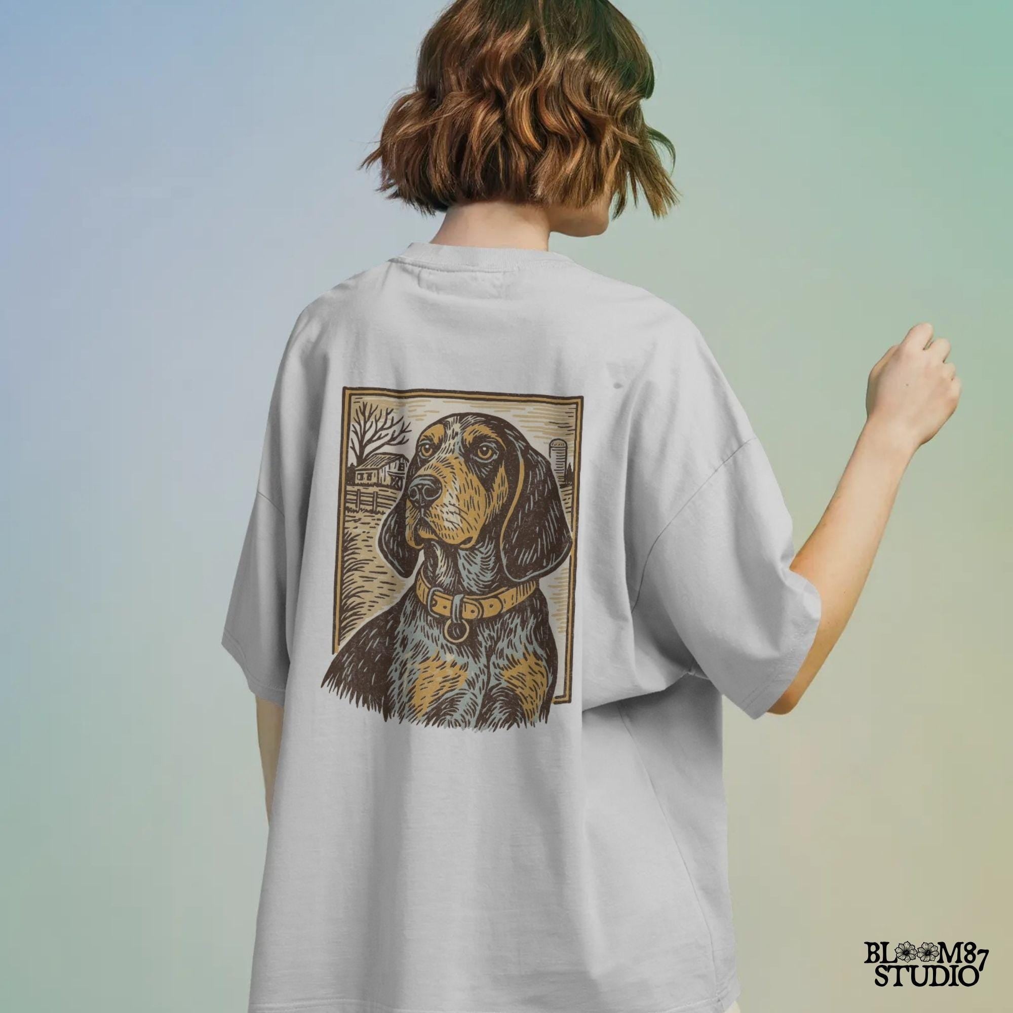 Vintage woodcut-style coonhound dog in front of a rustic farm scene – southern hunting dog sublimation design.