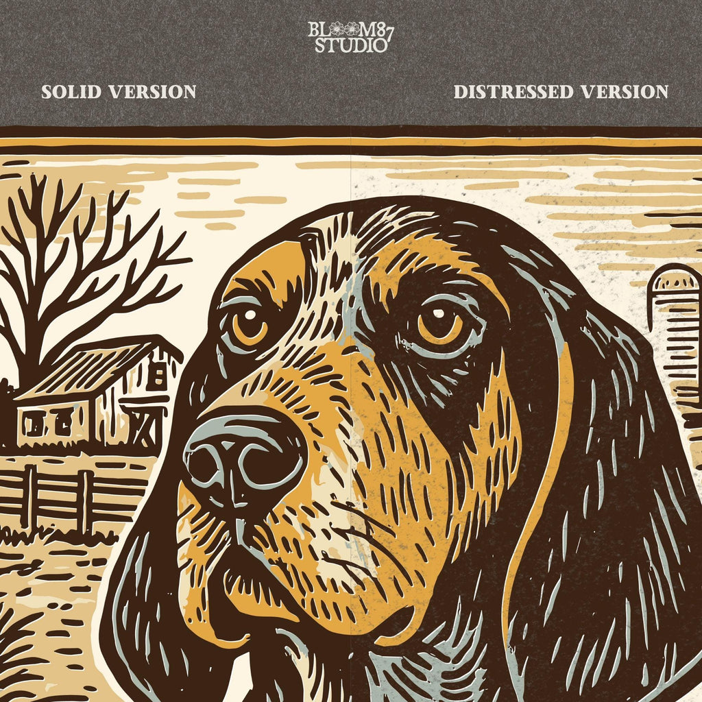 Vintage woodcut-style coonhound dog in front of a rustic farm scene – southern hunting dog sublimation design.