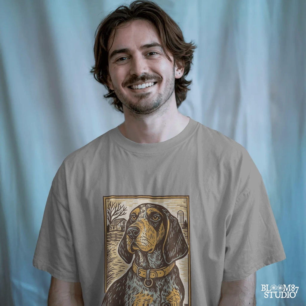 Vintage woodcut-style coonhound dog in front of a rustic farm scene – southern hunting dog sublimation design.