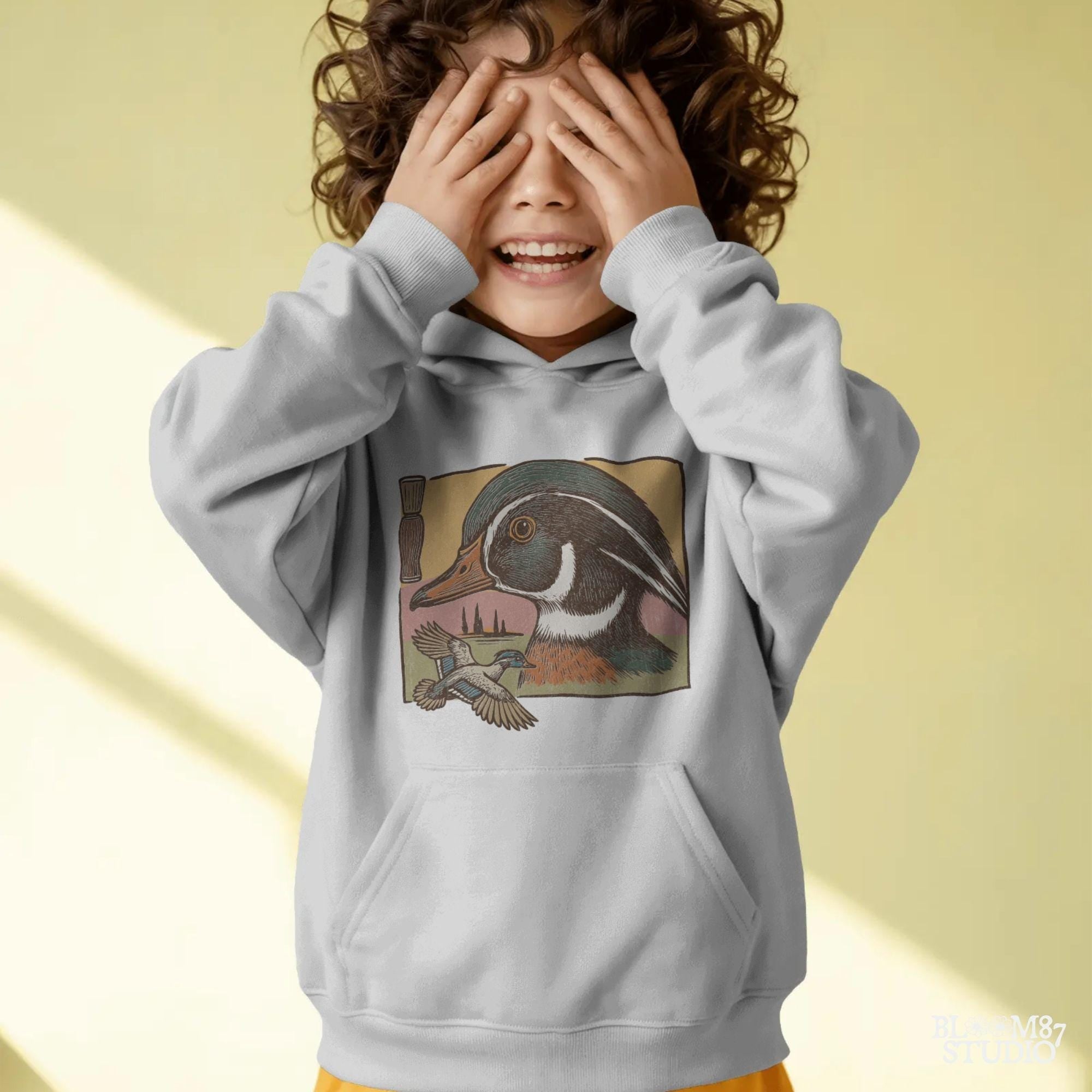 Vintage woodcut-style Wood Duck head and flying duck with duck call – southern waterfowl hunting design for sublimation.