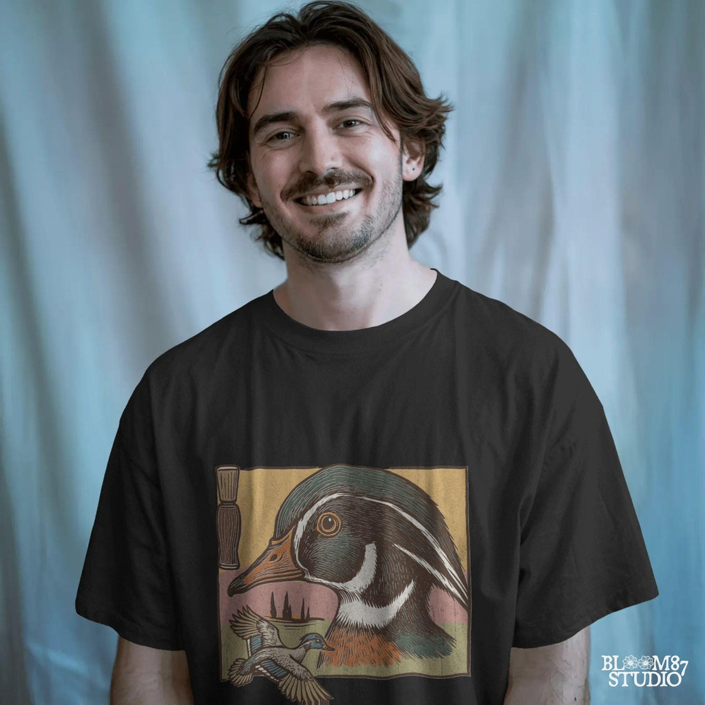 Vintage woodcut-style Wood Duck head and flying duck with duck call – southern waterfowl hunting design for sublimation.