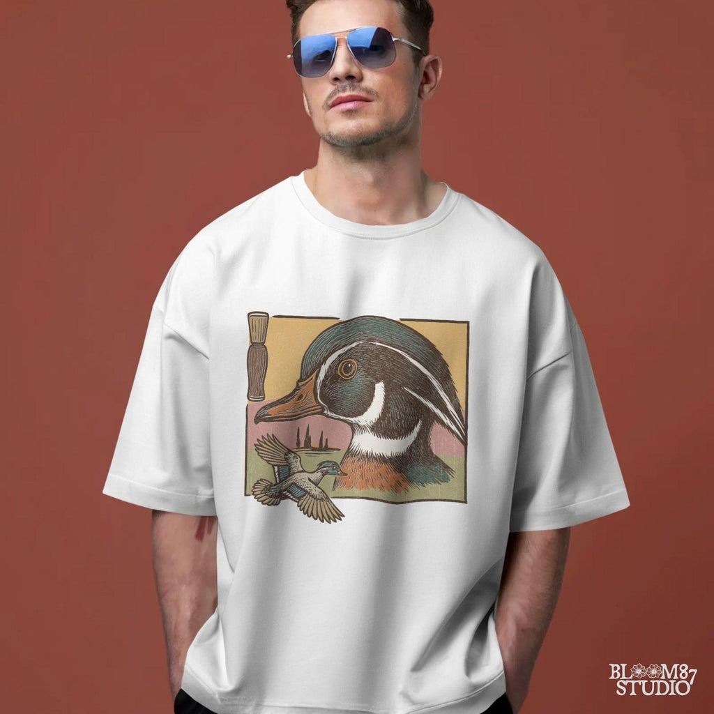 Vintage woodcut-style Wood Duck head and flying duck with duck call – southern waterfowl hunting design for sublimation.