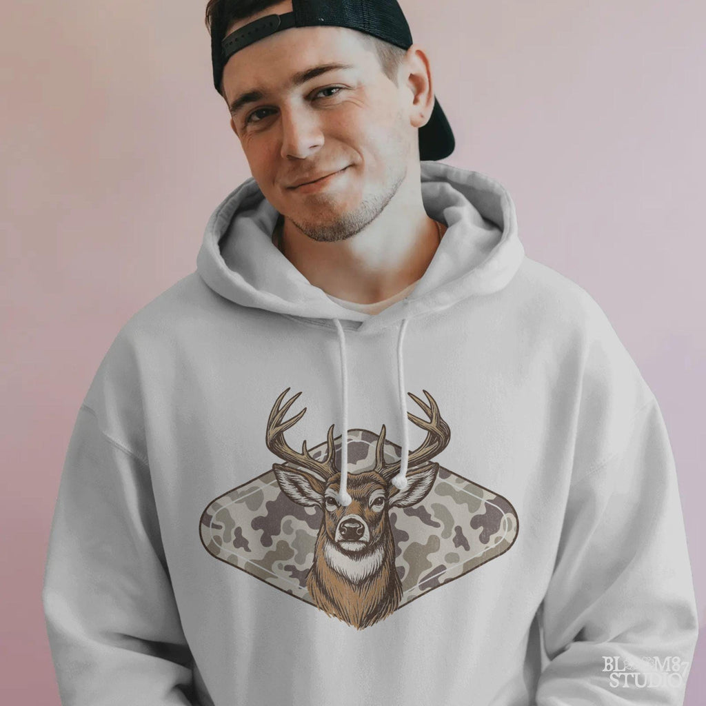 Vintage Whitetail deer head with large antlers in front of old school camo background – rustic outdoor hunting sublimation design.