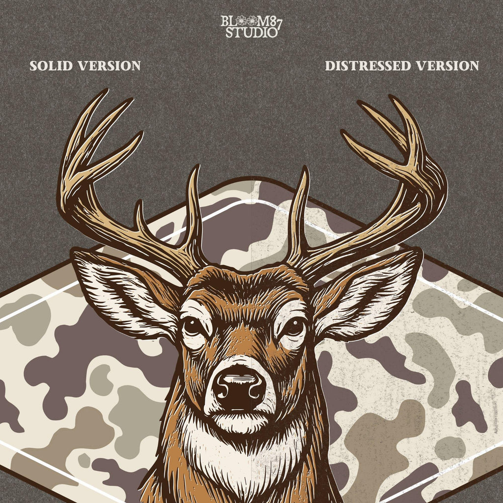 Vintage Whitetail deer head with large antlers in front of old school camo background – rustic outdoor hunting sublimation design.