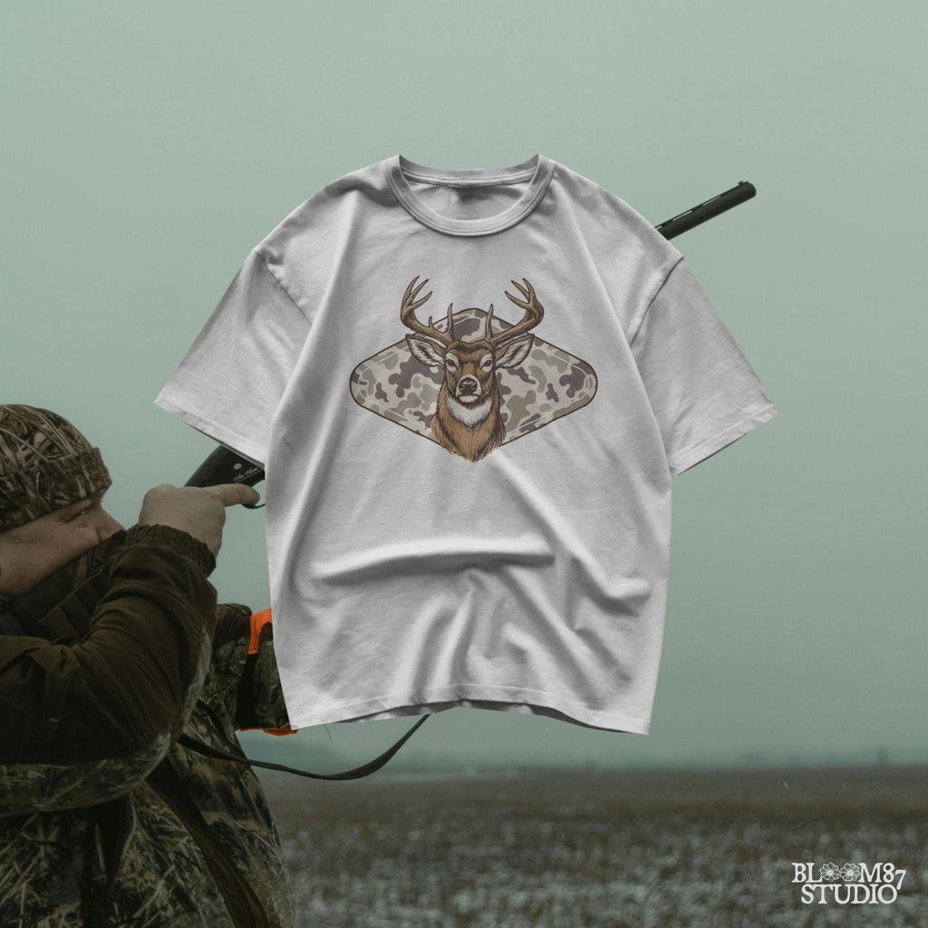 Vintage Whitetail deer head with large antlers in front of old school camo background – rustic outdoor hunting sublimation design.