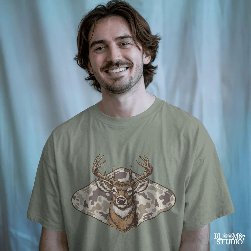 Vintage Whitetail deer head with large antlers in front of old school camo background – rustic outdoor hunting sublimation design.