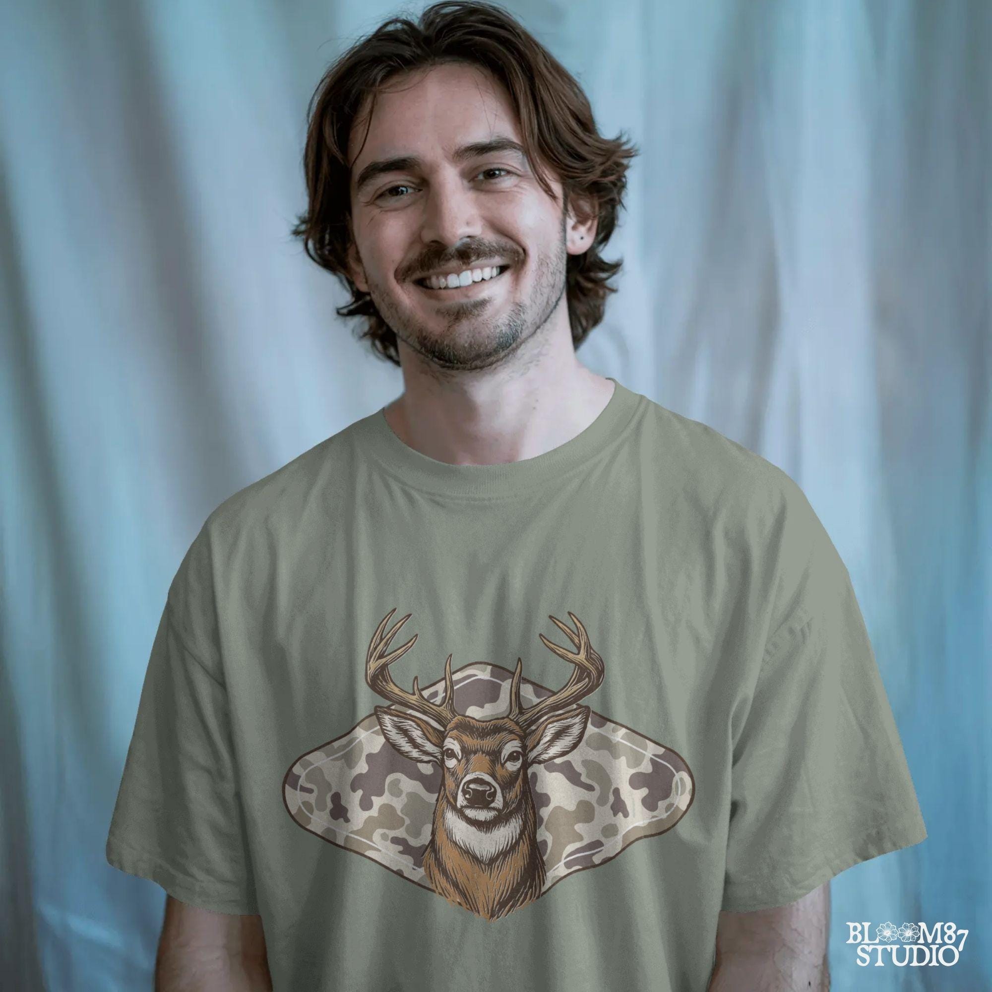 Vintage Whitetail deer head with large antlers in front of old school camo background – rustic outdoor hunting sublimation design.