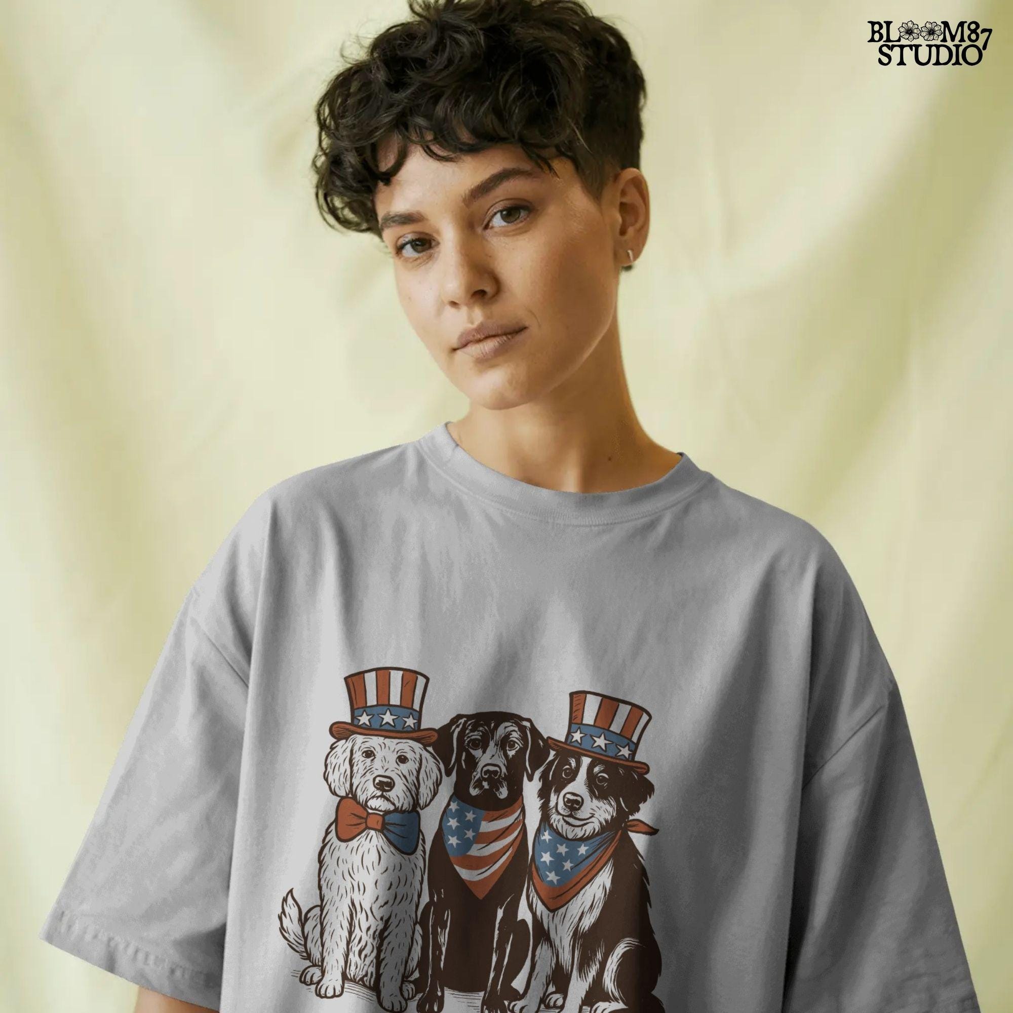 Cartoon-style Goldendoodle, Chocolate Labrador, and Australian Shepherd wearing patriotic USA outfits for 4th of July