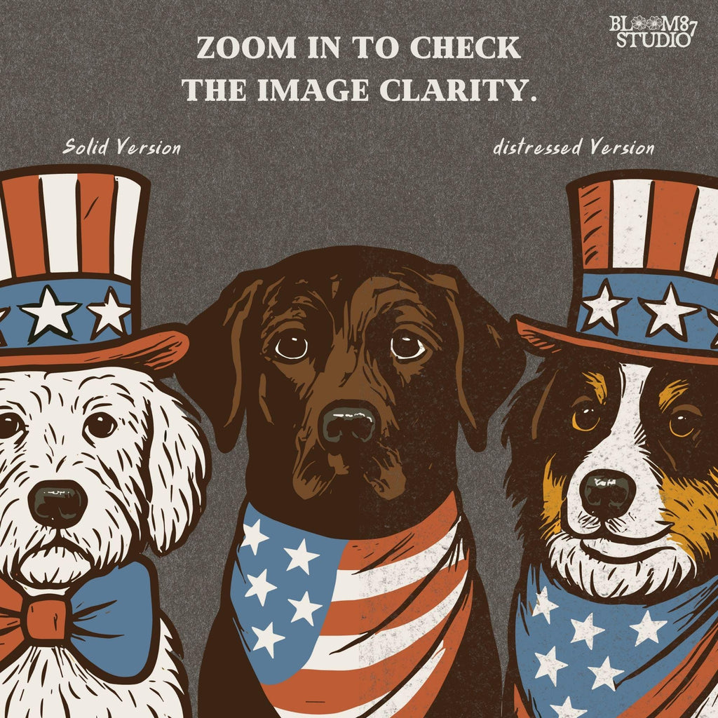 Cartoon-style Goldendoodle, Chocolate Labrador, and Australian Shepherd wearing patriotic USA outfits for 4th of July