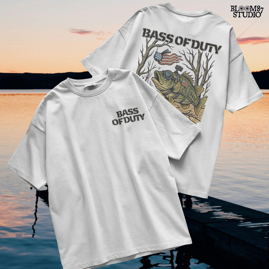 Cartoon bass fish in military gear with USA flag patch and GoPro, chasing patriotic crankbait with crawfish holding crossbow under dry lakebed