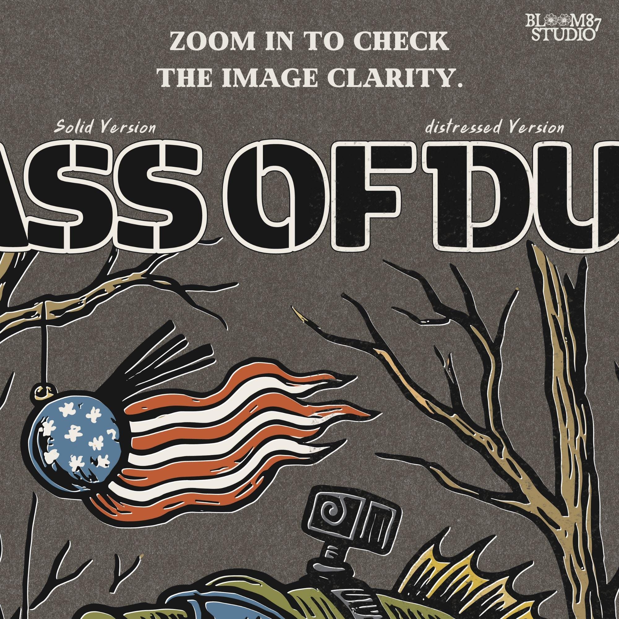 Cartoon bass fish in military gear with USA flag patch and GoPro, chasing patriotic crankbait with crawfish holding crossbow under dry lakebed