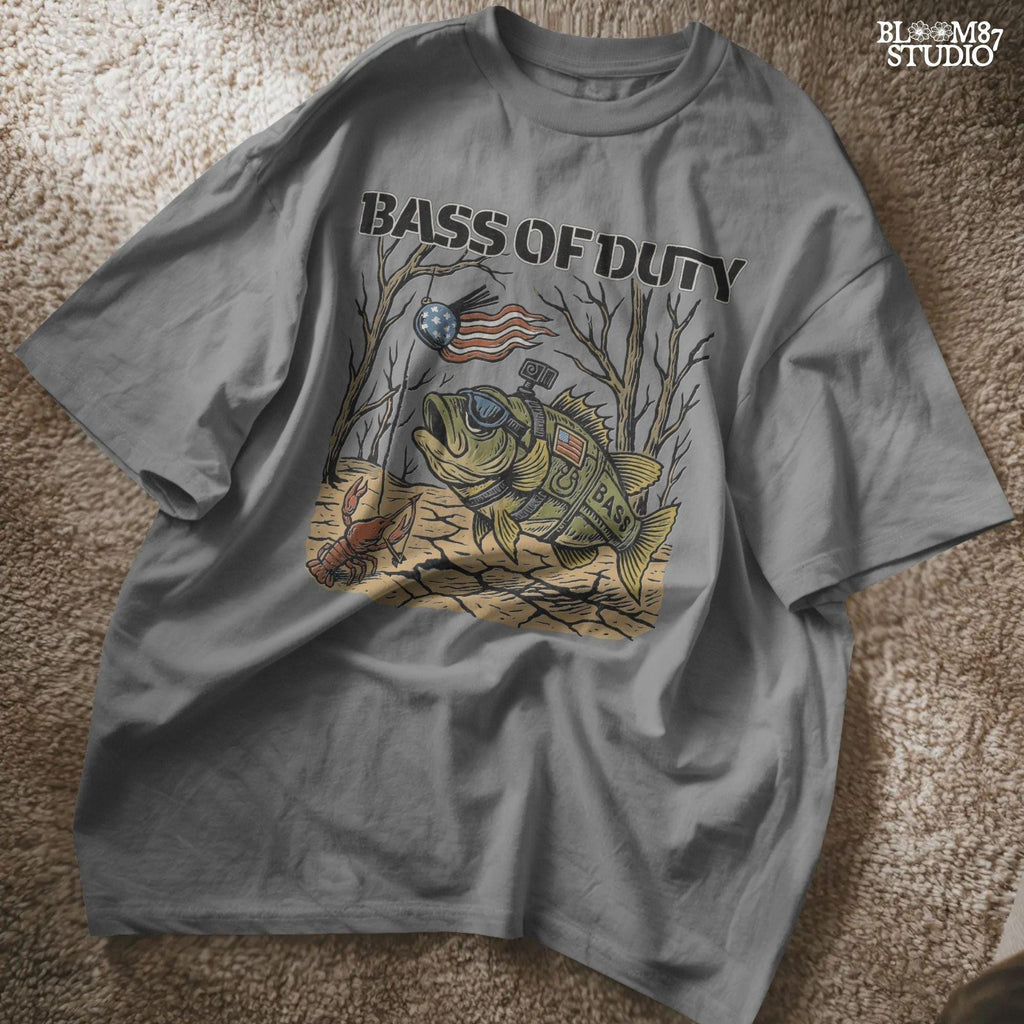 Cartoon bass fish in military gear with USA flag patch and GoPro, chasing patriotic crankbait with crawfish holding crossbow under dry lakebed