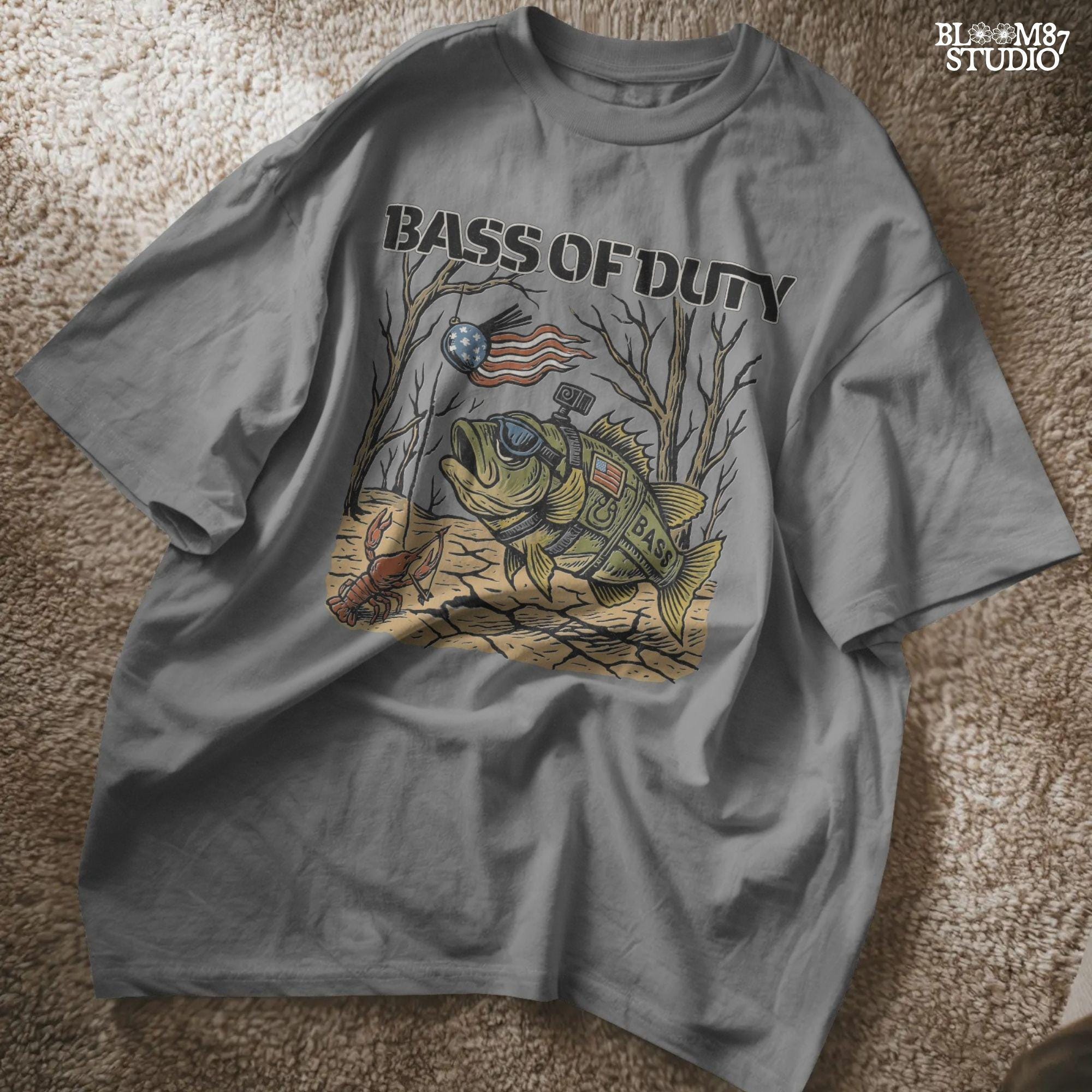 Cartoon bass fish in military gear with USA flag patch and GoPro, chasing patriotic crankbait with crawfish holding crossbow under dry lakebed
