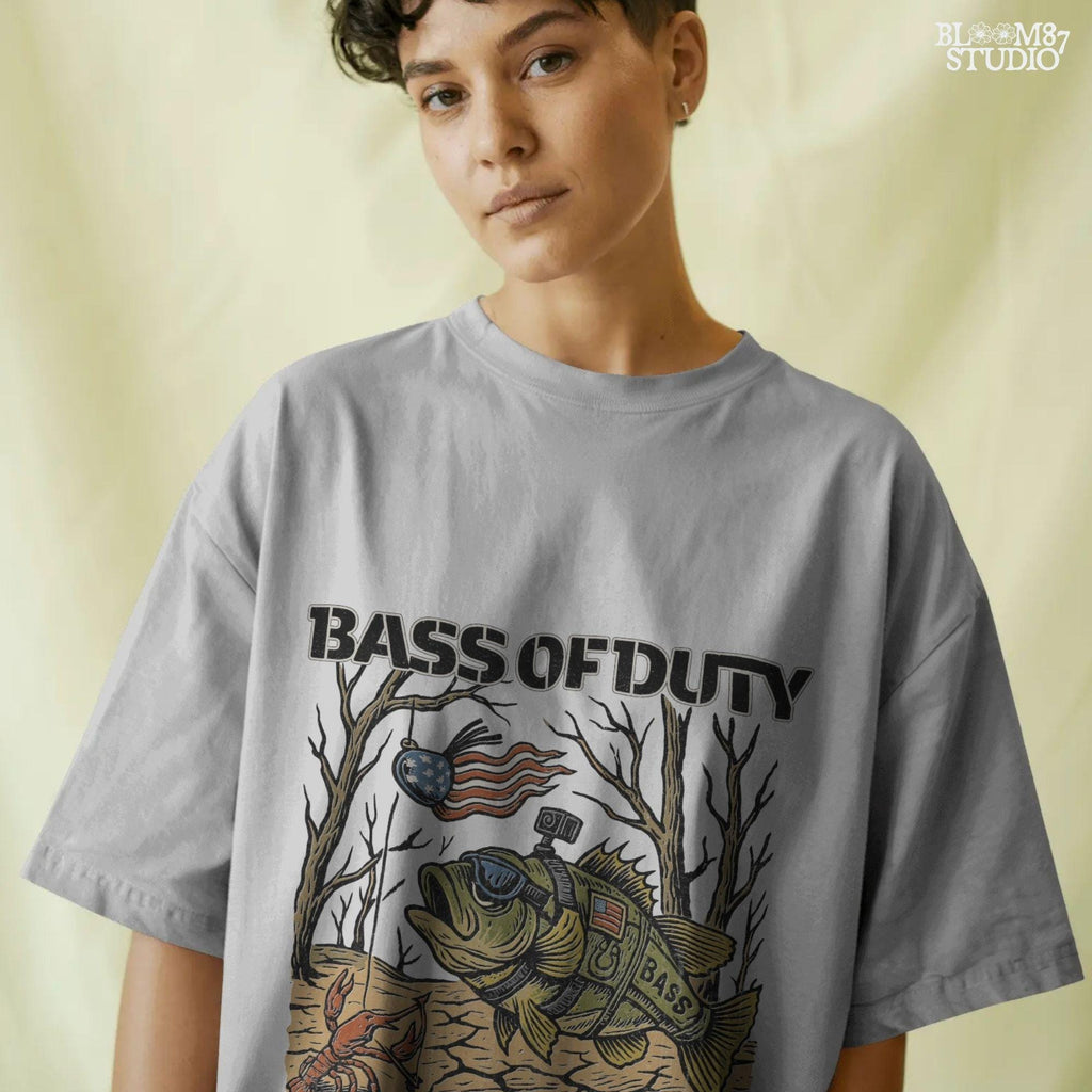 Cartoon bass fish in military gear with USA flag patch and GoPro, chasing patriotic crankbait with crawfish holding crossbow under dry lakebed