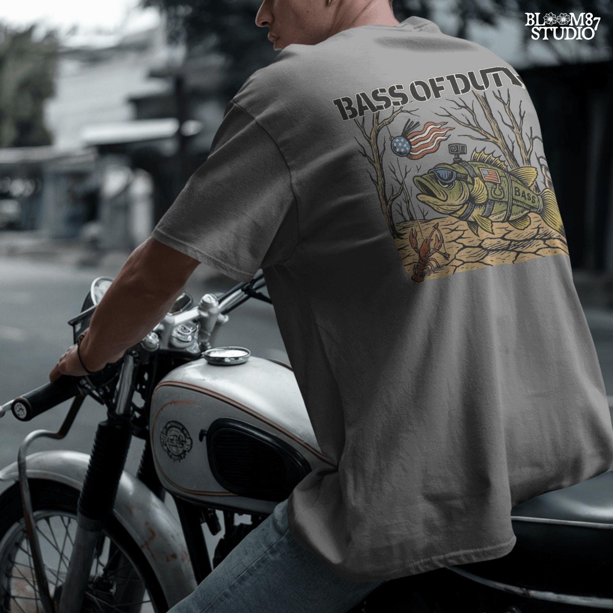 Cartoon bass fish in military gear with USA flag patch and GoPro, chasing patriotic crankbait with crawfish holding crossbow under dry lakebed