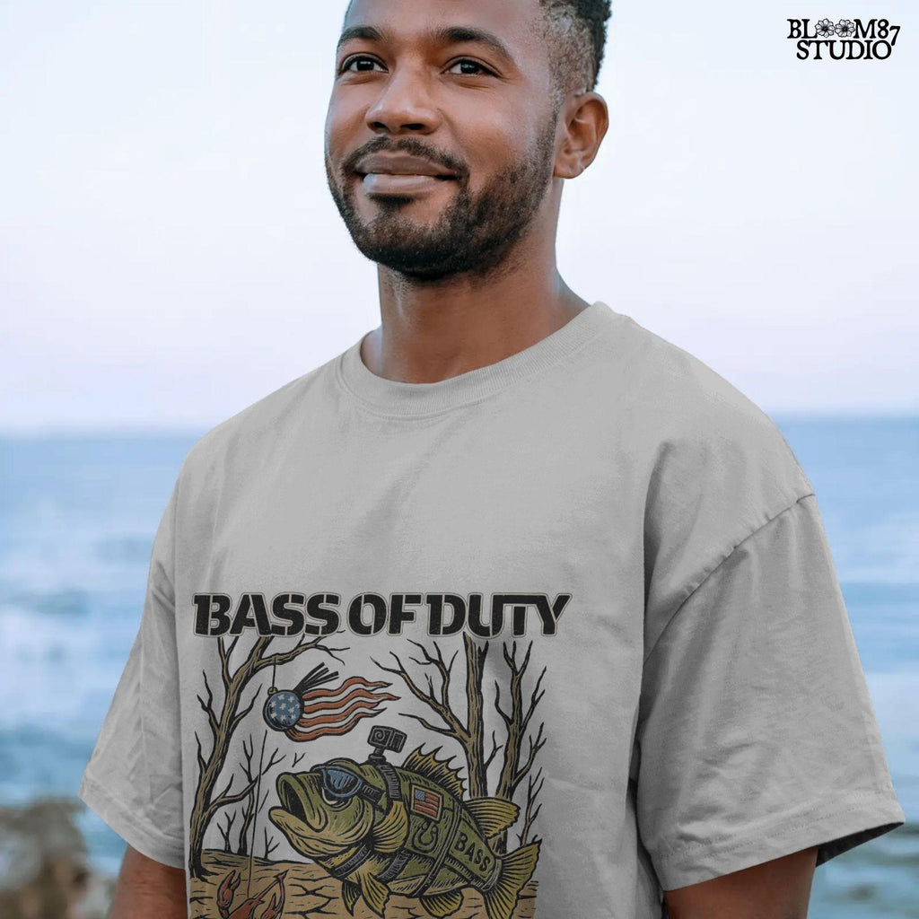 Cartoon bass fish in military gear with USA flag patch and GoPro, chasing patriotic crankbait with crawfish holding crossbow under dry lakebed