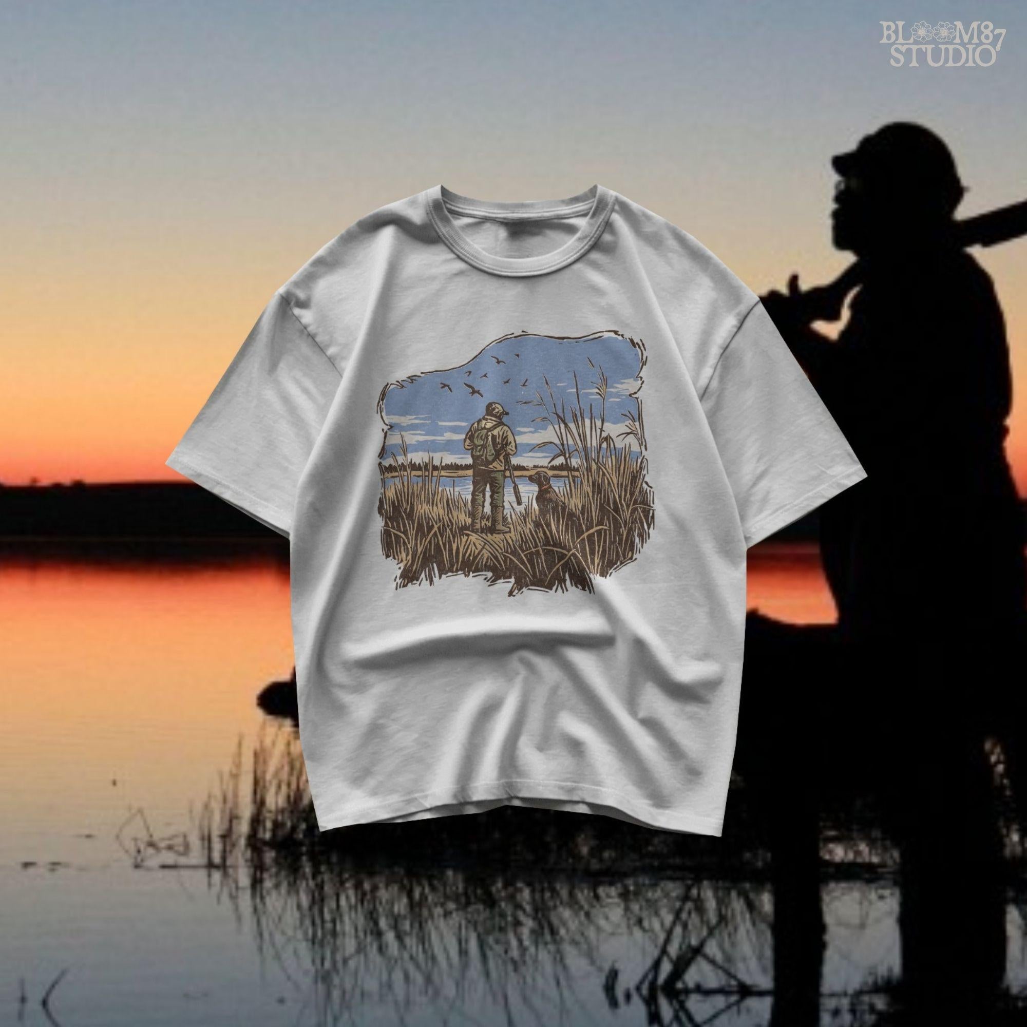 Rustic illustration of a duck hunter with shotgun standing beside his dog in a marsh, watching ducks fly overhead under a blue sky