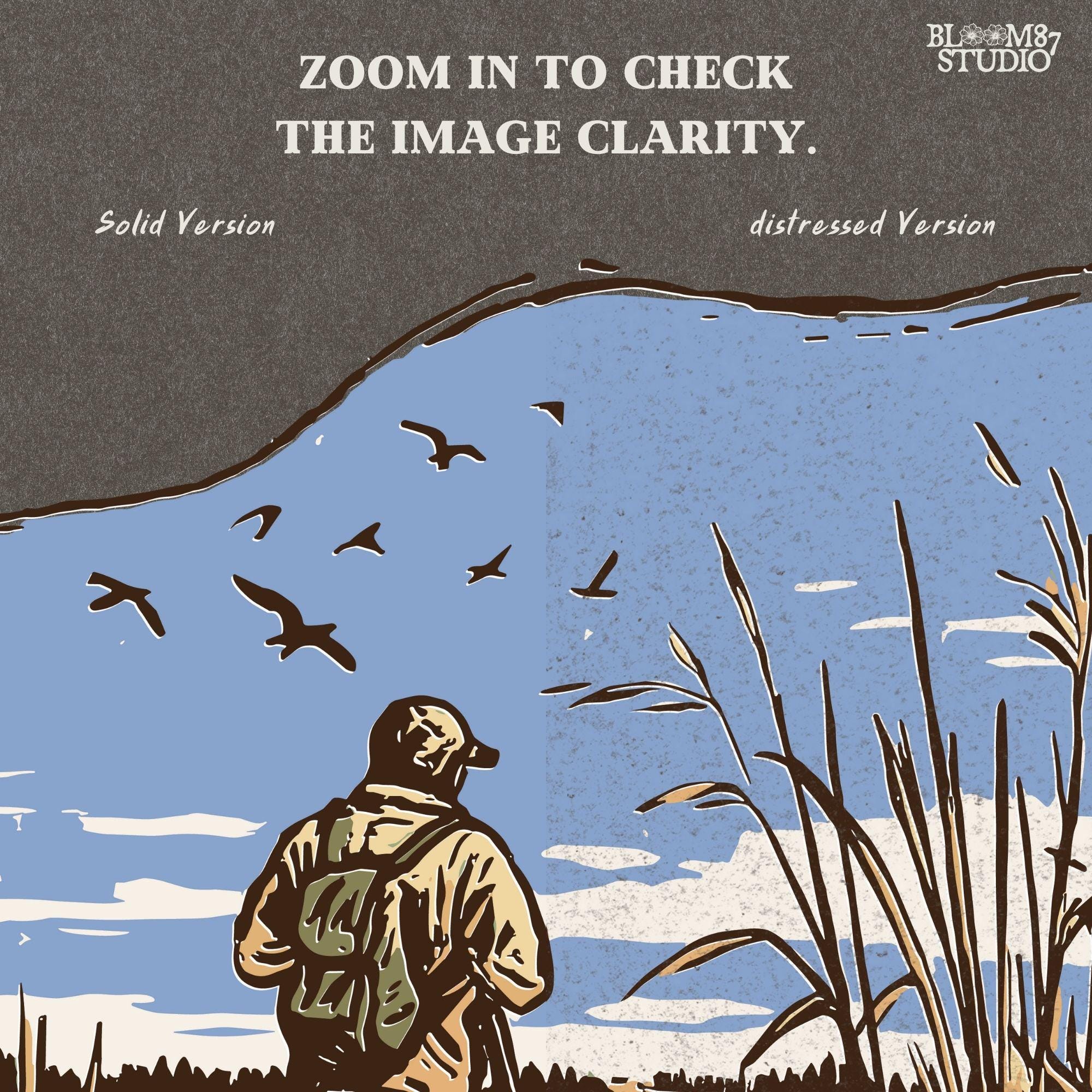 Rustic illustration of a duck hunter with shotgun standing beside his dog in a marsh, watching ducks fly overhead under a blue sky