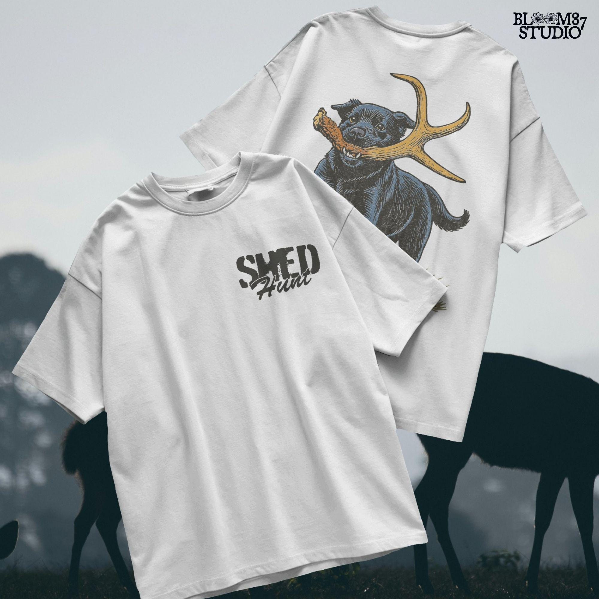 Black Labrador retriever running with a deer shed antler in its mouth, with bonus “Shed Hunt” circular pocket badge in rustic style