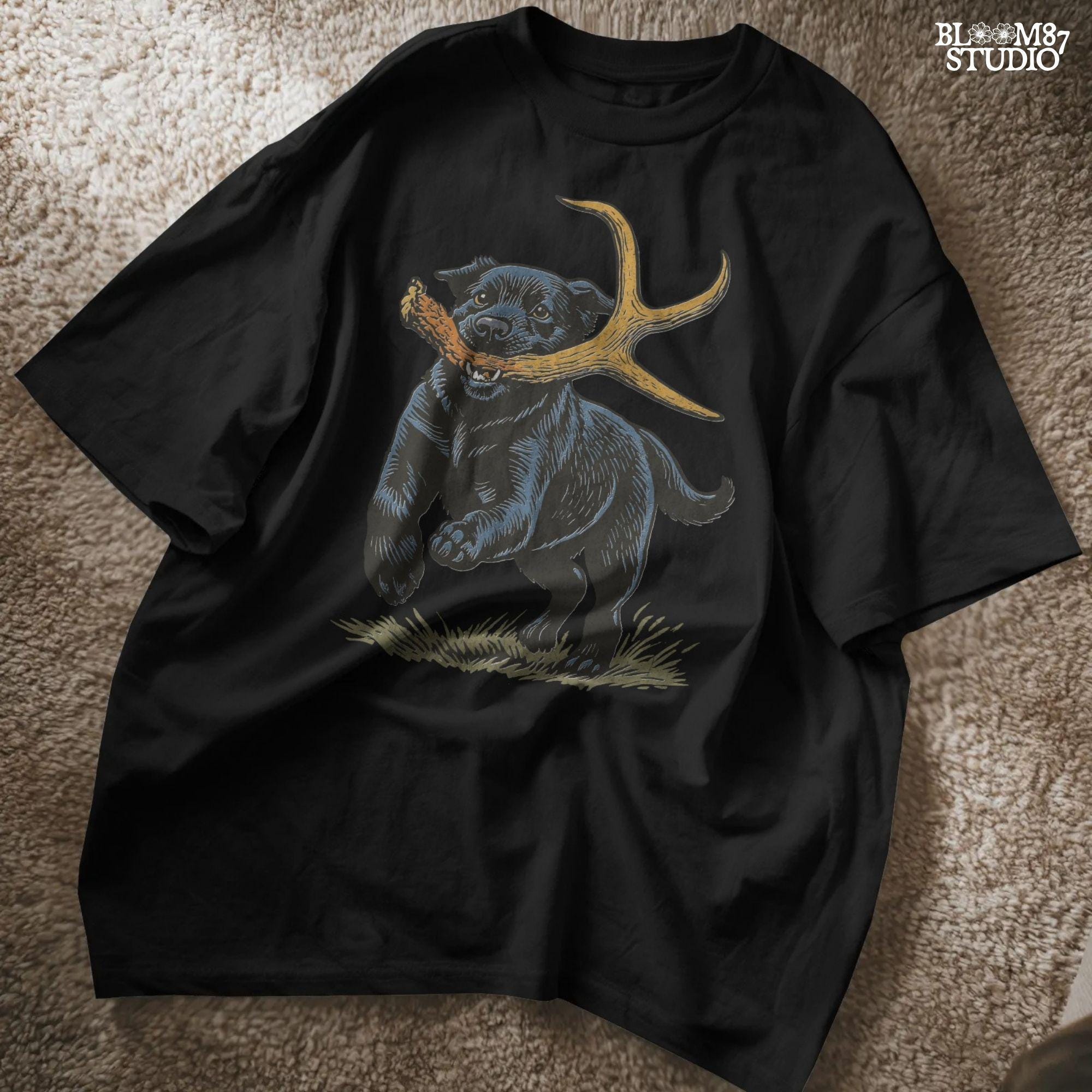 Black Labrador retriever running with a deer shed antler in its mouth, with bonus “Shed Hunt” circular pocket badge in rustic style