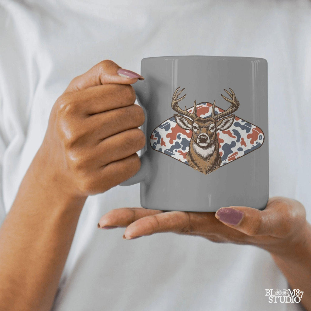 Whitetail deer with red white blue camo background – patriotic hunting sublimation PNG design.