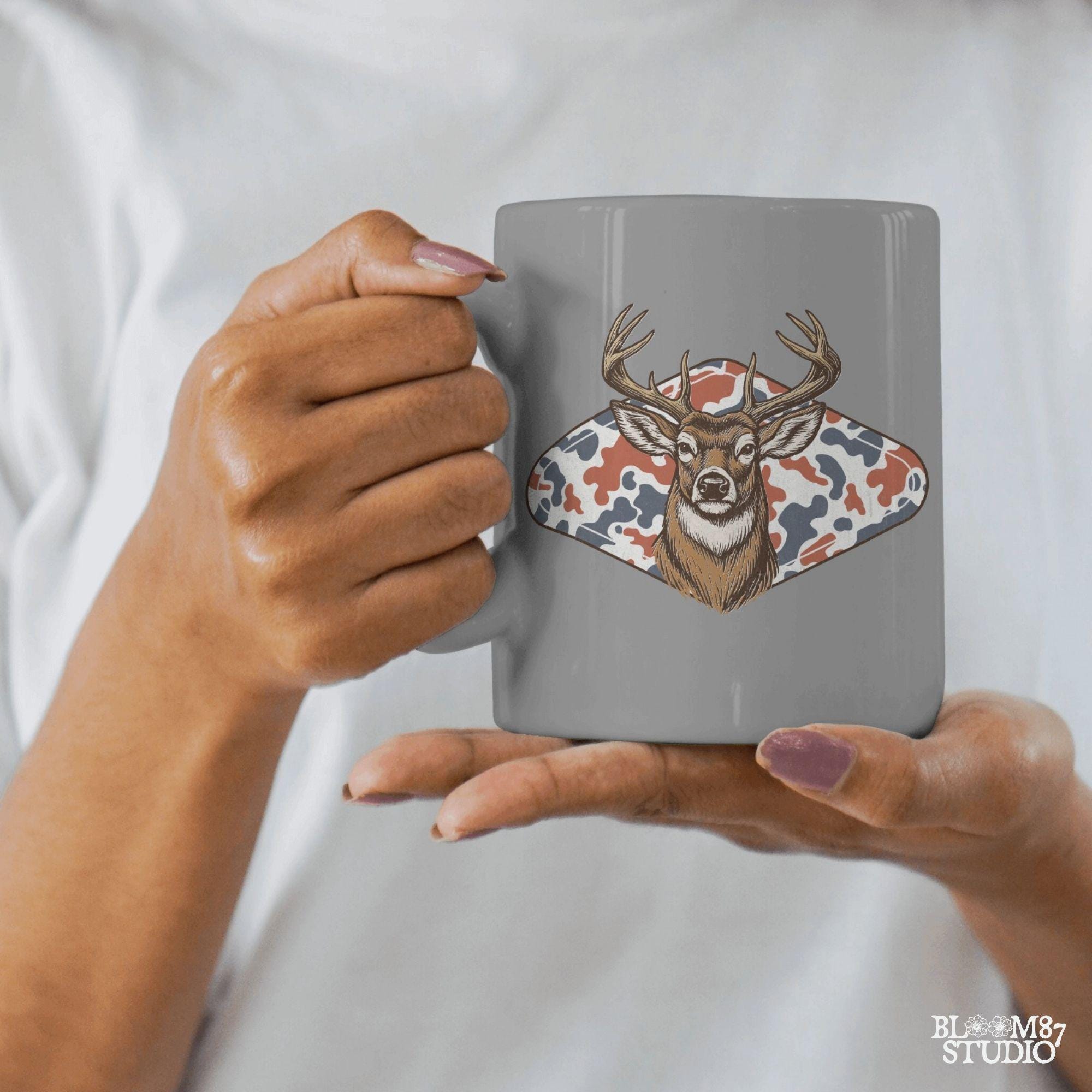 Whitetail deer with red white blue camo background – patriotic hunting sublimation PNG design.