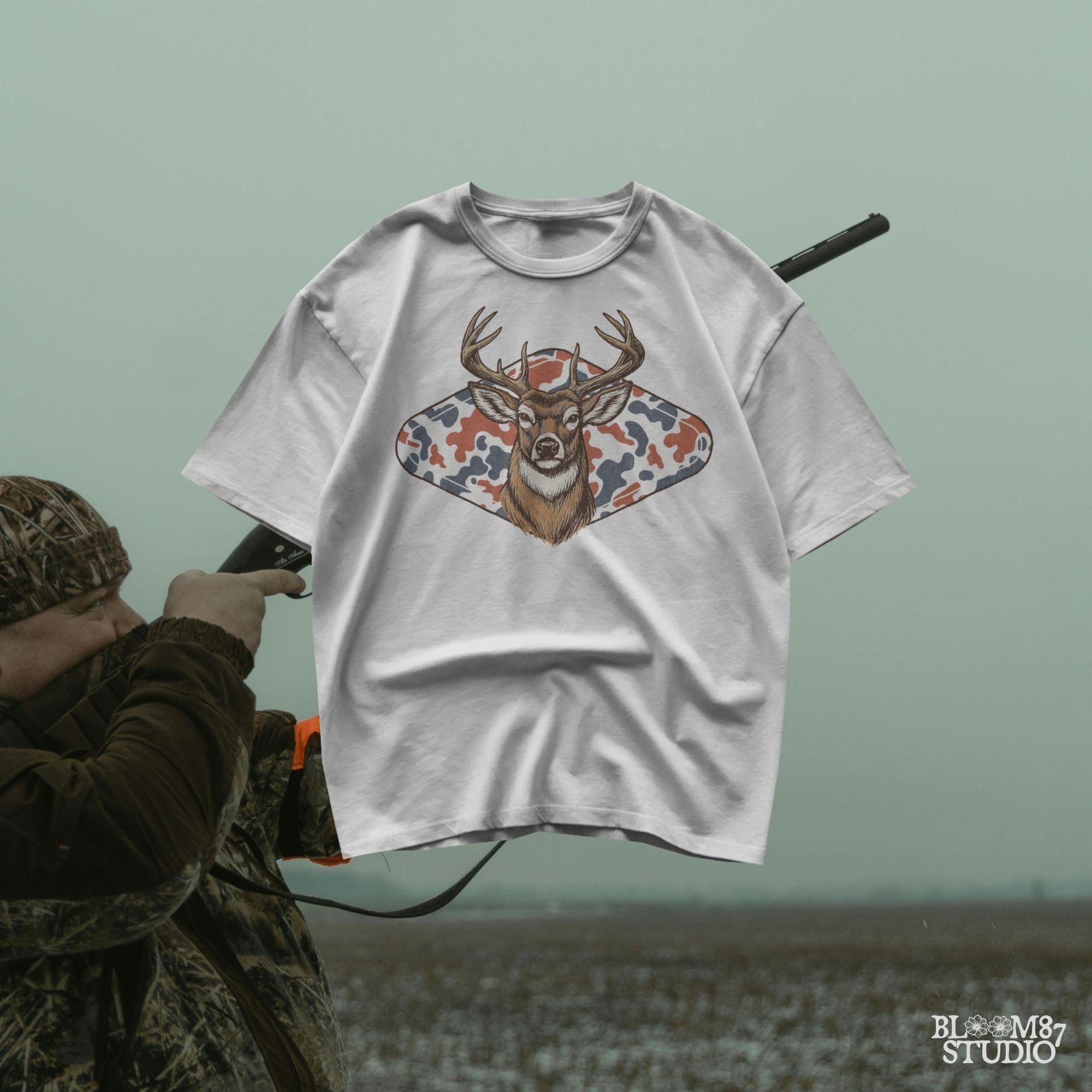 Whitetail deer with red white blue camo background – patriotic hunting sublimation PNG design.