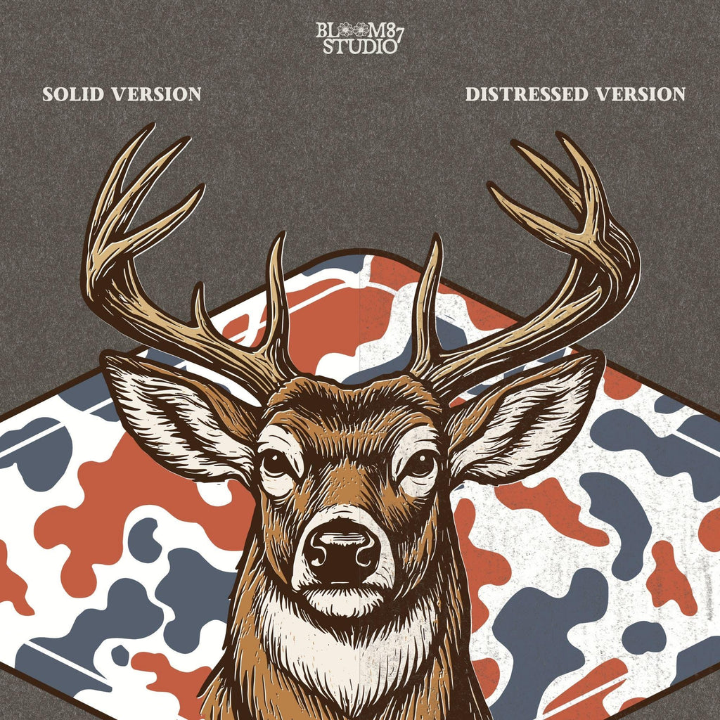 Whitetail deer with red white blue camo background – patriotic hunting sublimation PNG design.