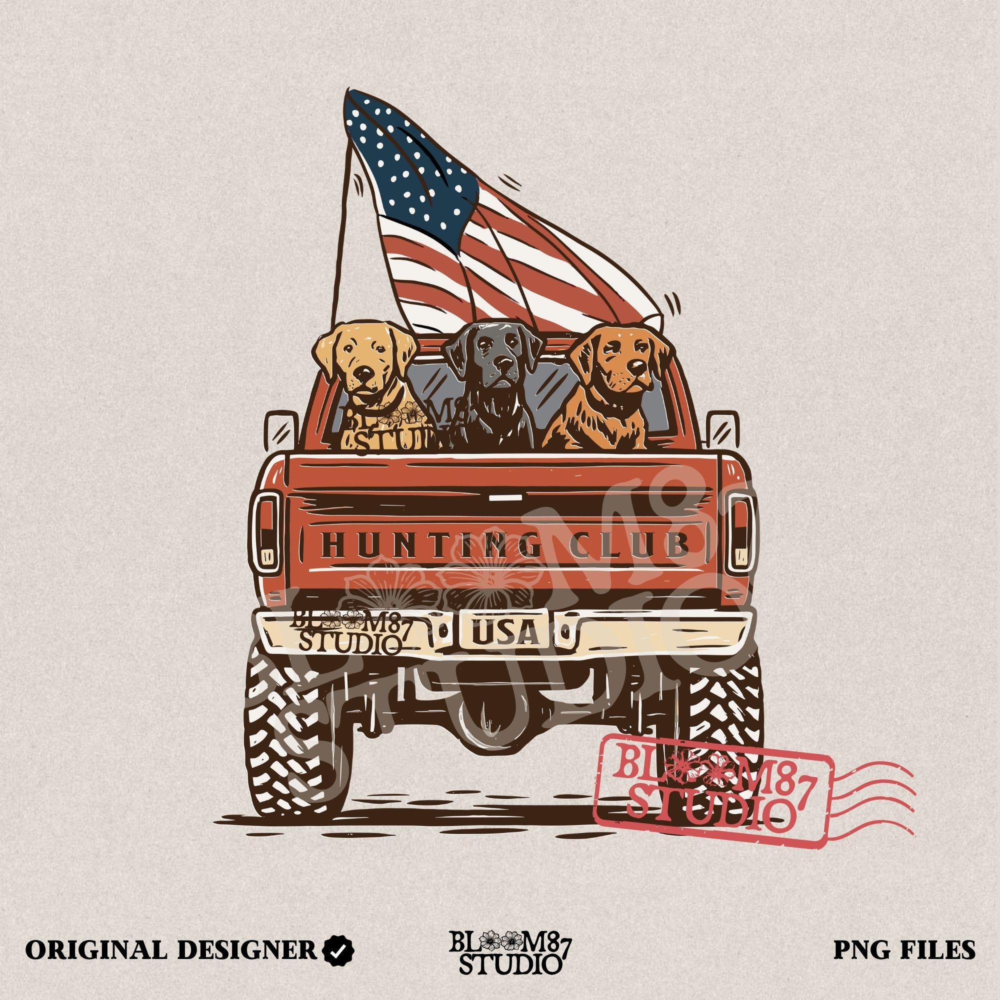 Three Labrador Dogs Riding in Pickup Truck with American Flag – Hunting Club USA PNG for Sublimation and 4th of July Crafts
