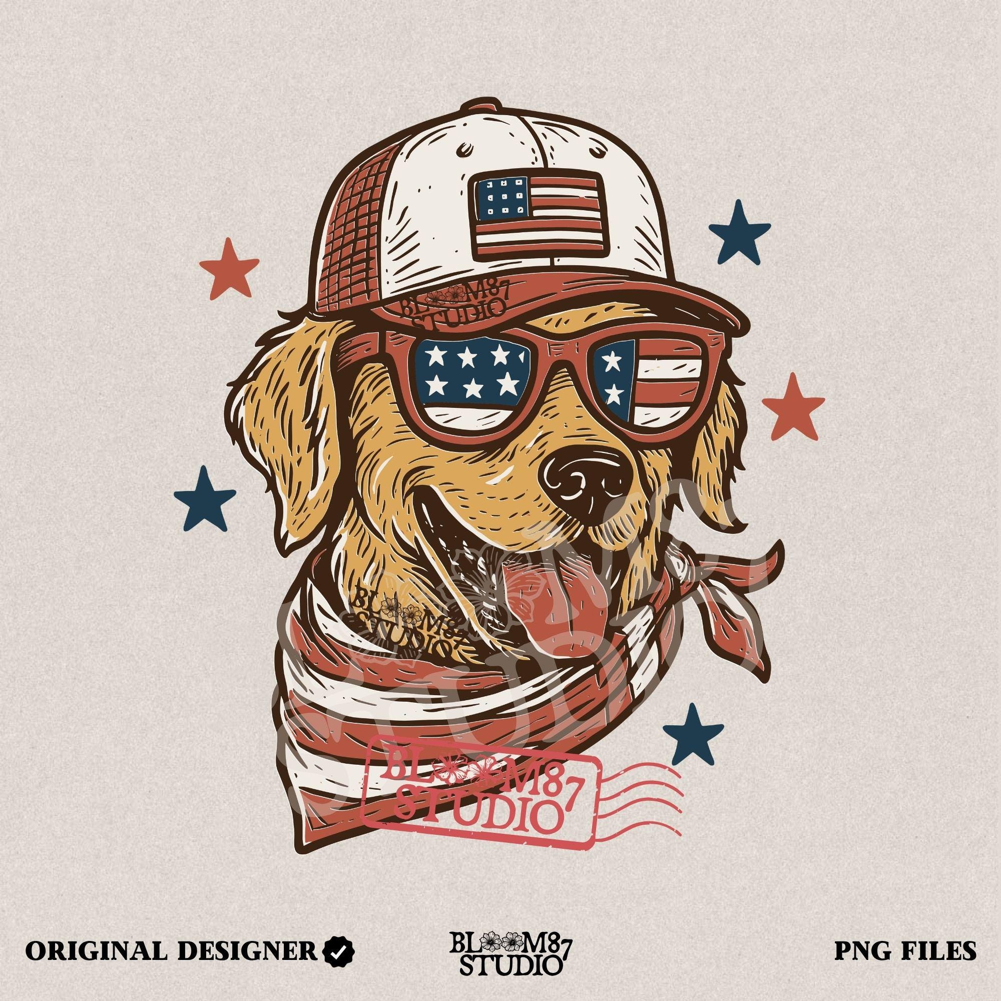 Golden Retriever Dog Wearing American Flag Sunglasses and Trucker Hat PNG for Patriotic 4th of July Sublimation