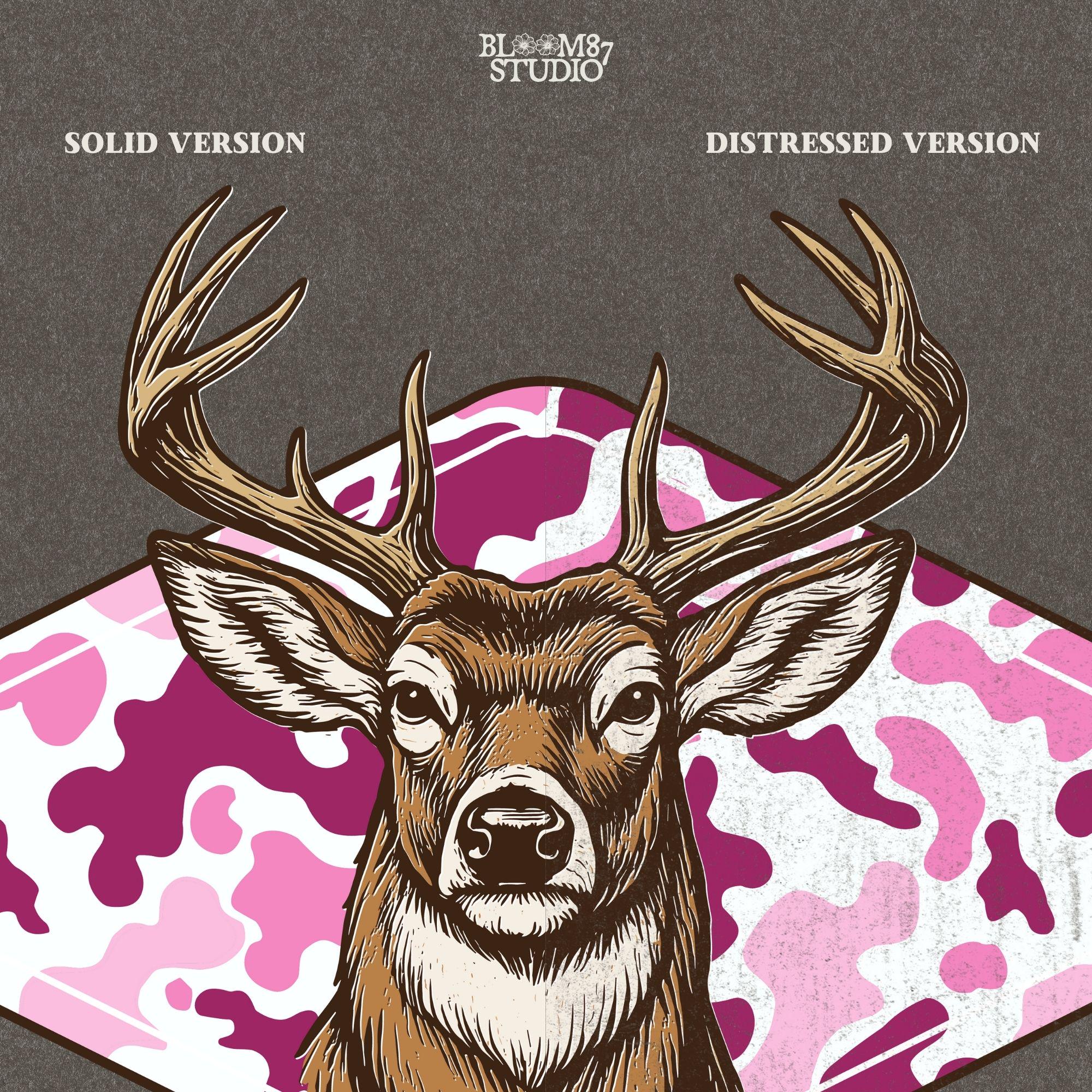 Whitetail deer with antlers over pink camo background – rustic girl hunter sublimation design.