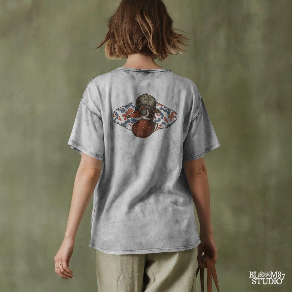 Funny wood duck in camo hat with red white blue camo background – patriotic sublimation design for hunters.