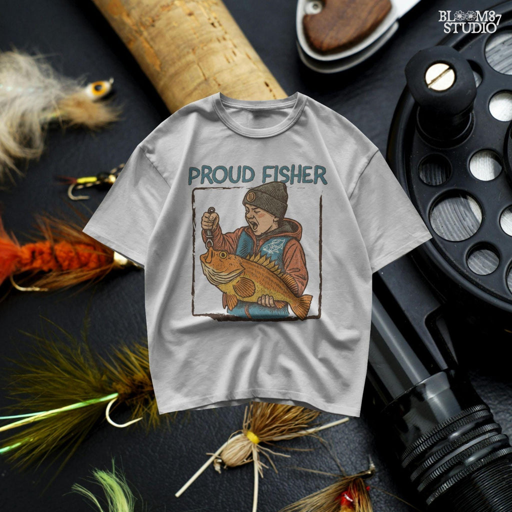 Retro illustration of a young boy in beanie proudly holding a large fish with “Proud Fisher” text above in vintage outdoors style